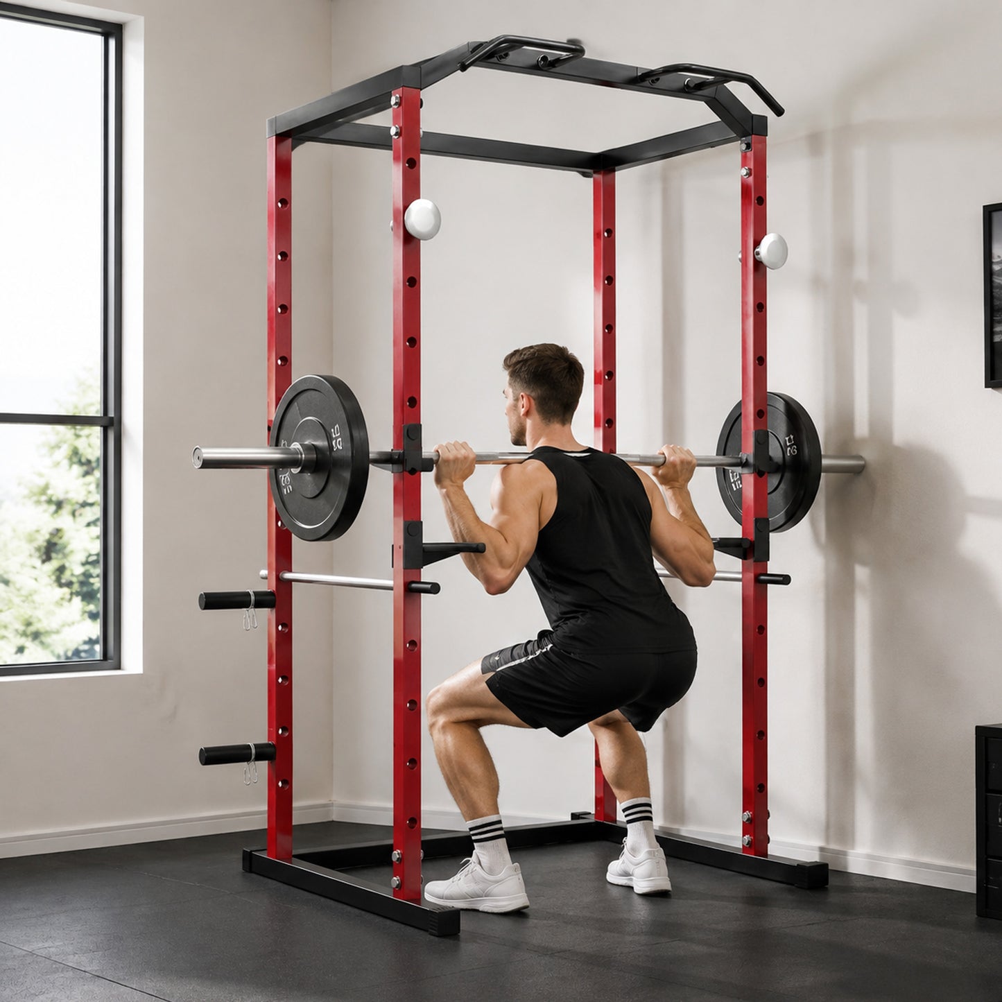 SPORTNOW Power Tower, Adjustable Squat Rack with Pull-Up Bar, Dip Station & Safety Arms for Home Gym Strength Training