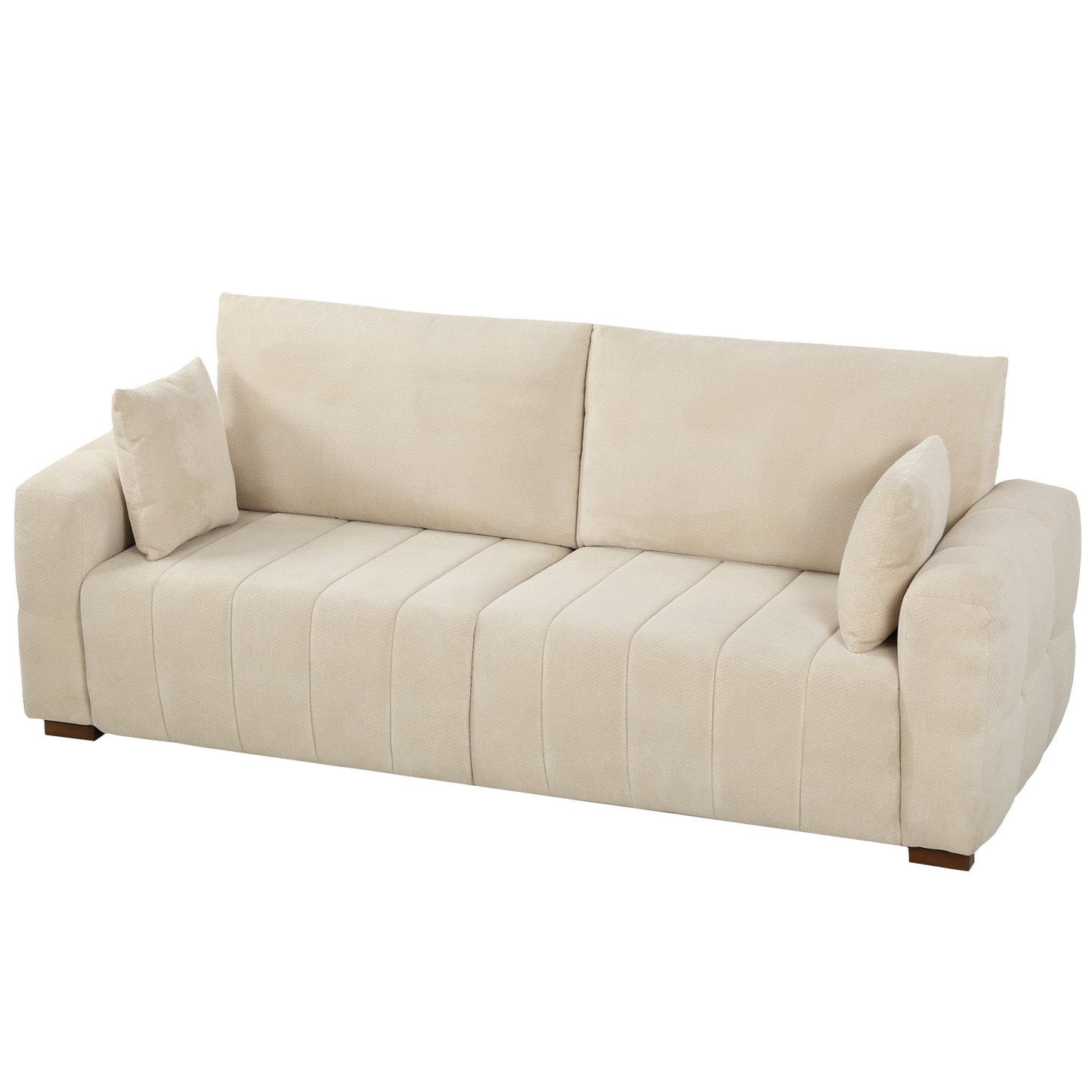 HOMCOM 3 Seater Sofa, Upholstered Velvet Couch for Bedroom with Pillows, Padded Cushion and Wood Legs, Cream White