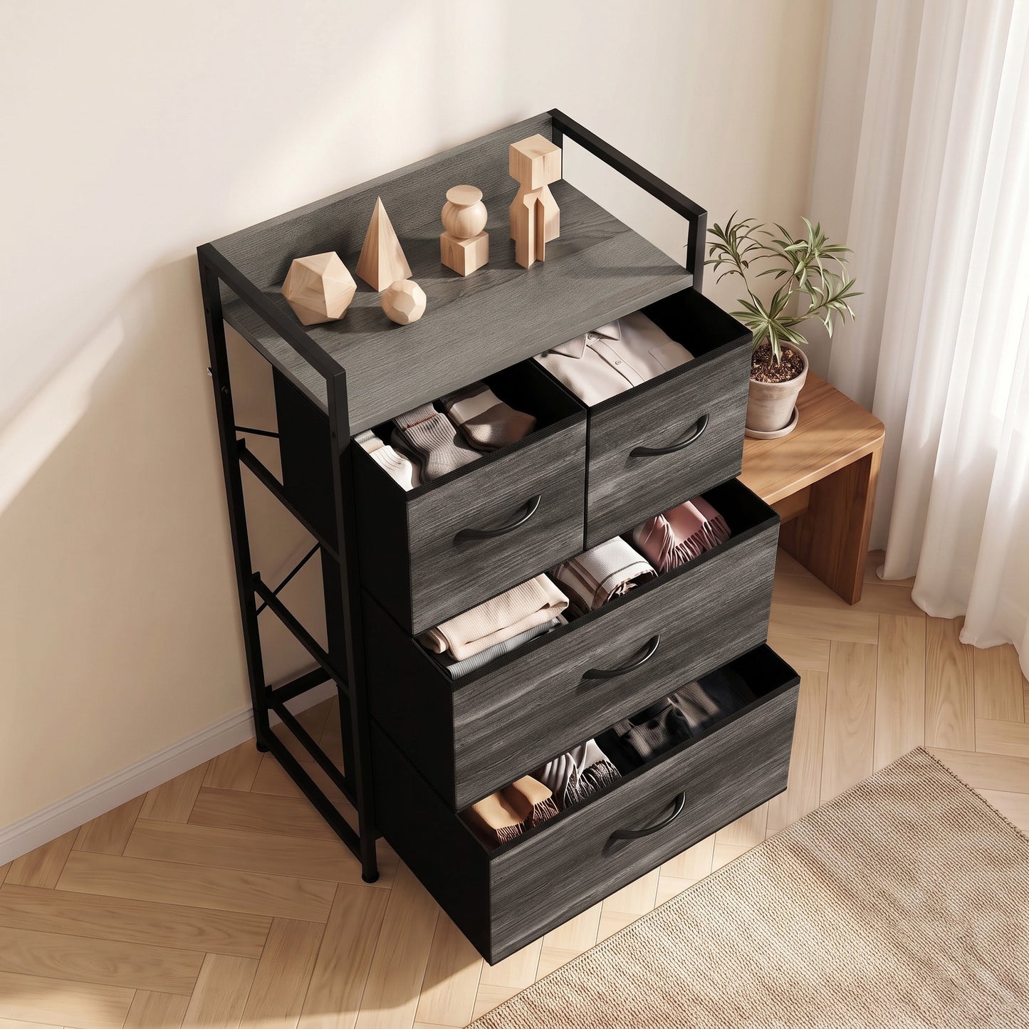 HOMCOM Rustic Chest of Four Fabric Drawers - Grey Wood Effect