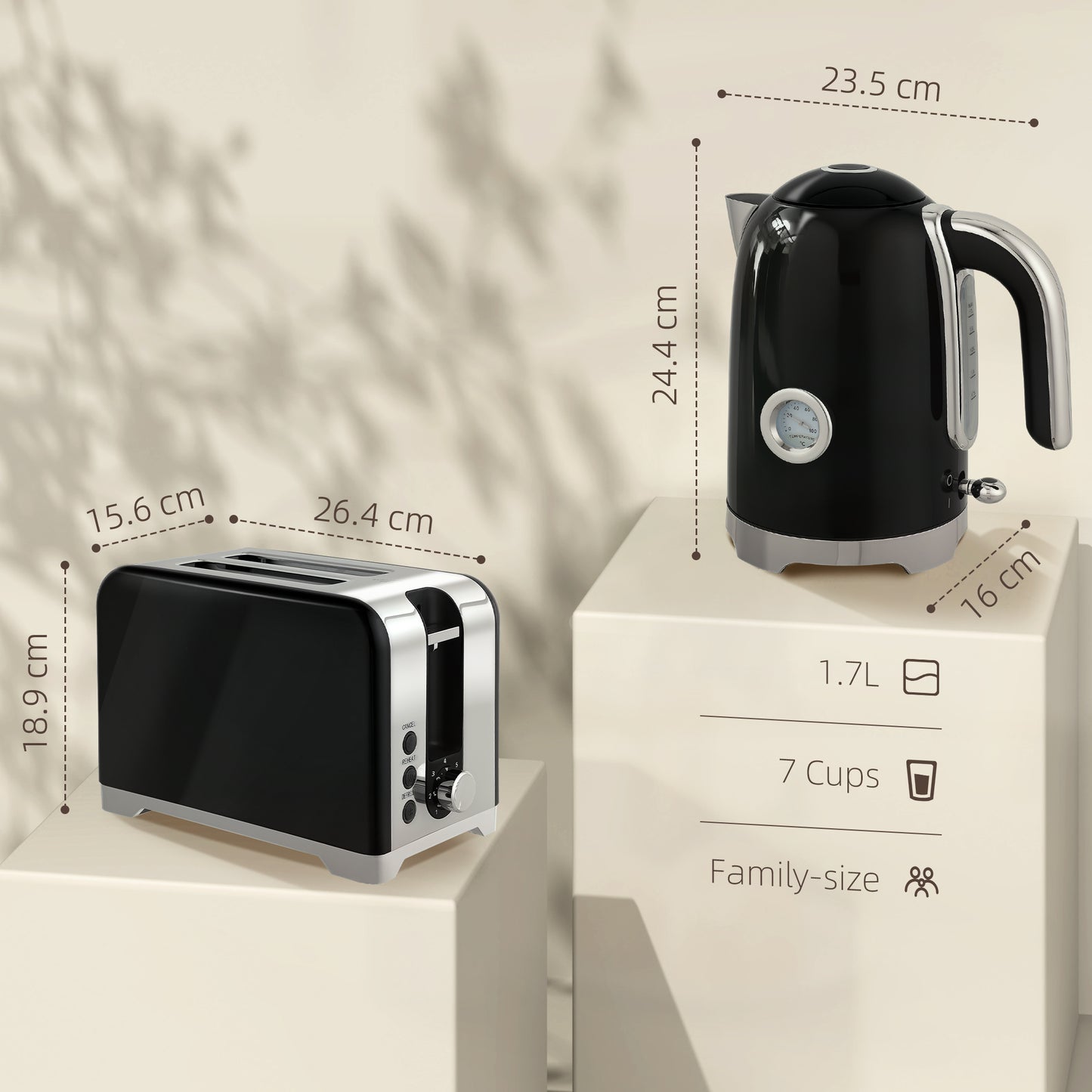 HOMCOM Retro Toaster and Kettle Set - Black