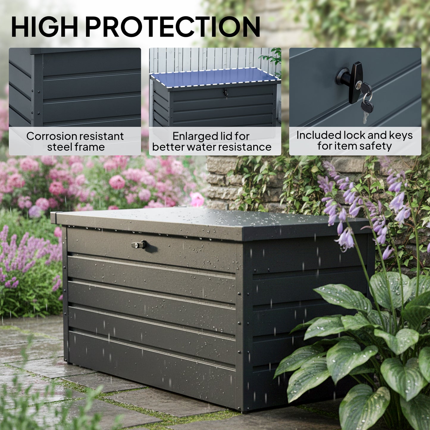 Outsunny 311L Garden Storage Box, Outdoor Storage Box Waterproof with Lockable Lid, Galvanised Steel Garden Bench for Tools