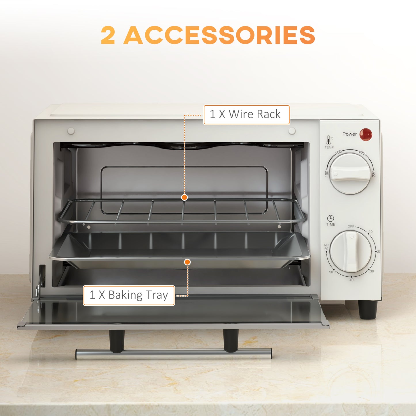 HOMCOM Mini Oven, 9L Countertop Electric Grill, Toaster Oven with Adjustable Temperature, Timer, Baking Tray and Wire Rack, 750W, Cream
