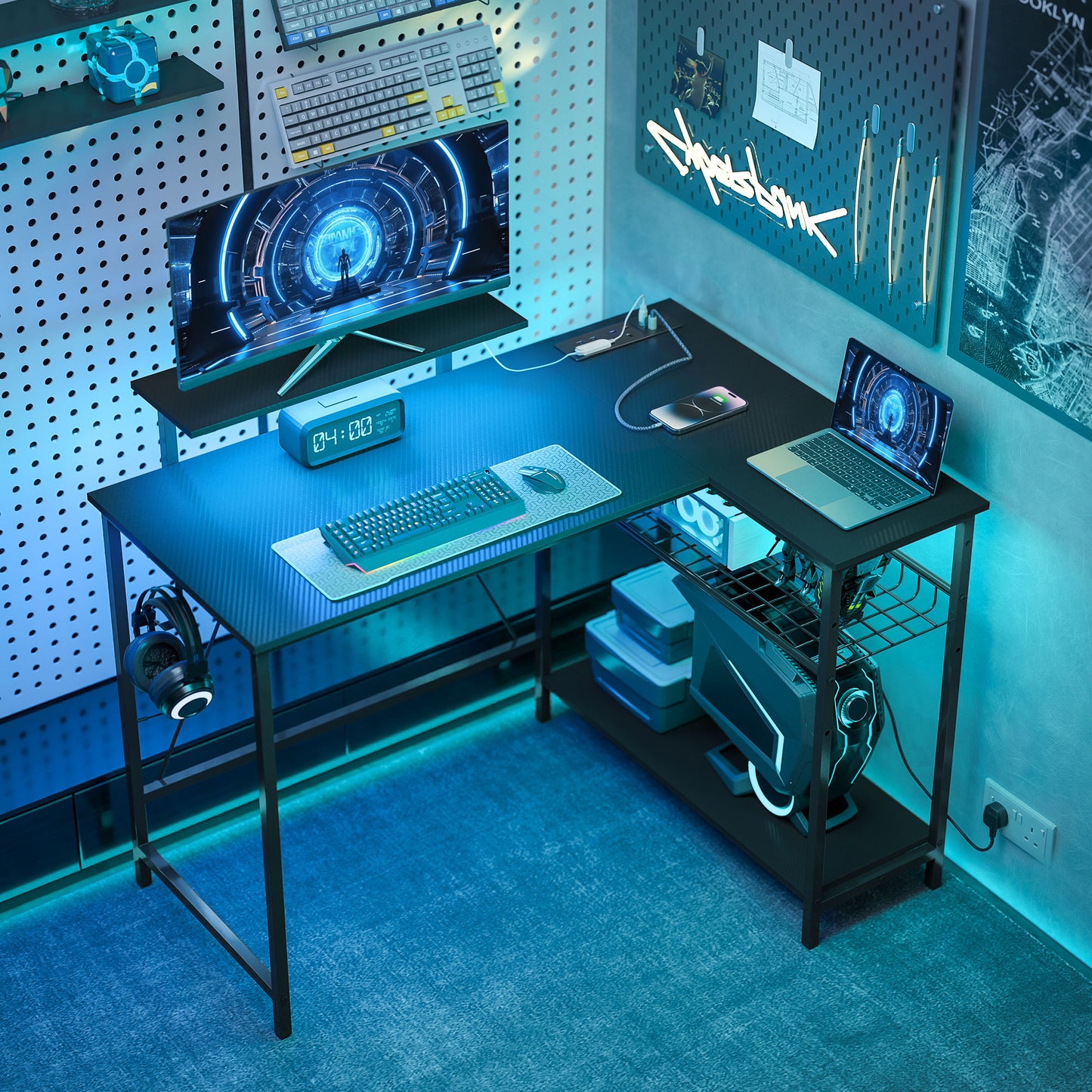 HOMCOM 114.5 cm L-Shaped Gaming Desk, Computer Desk with LED Lights, Power Station and Adjustable Mesh Shelf , Black
