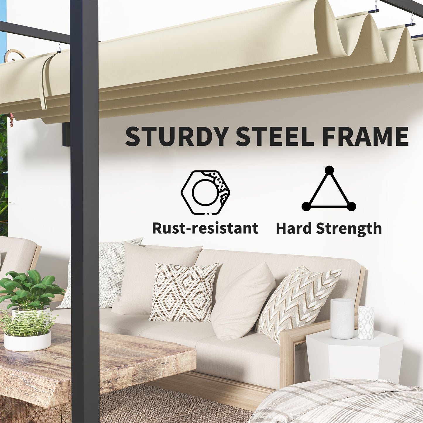 Outsunny 3 x 4m Lean To Steel Pergola, with Moving Fabric Canopy - Khaki