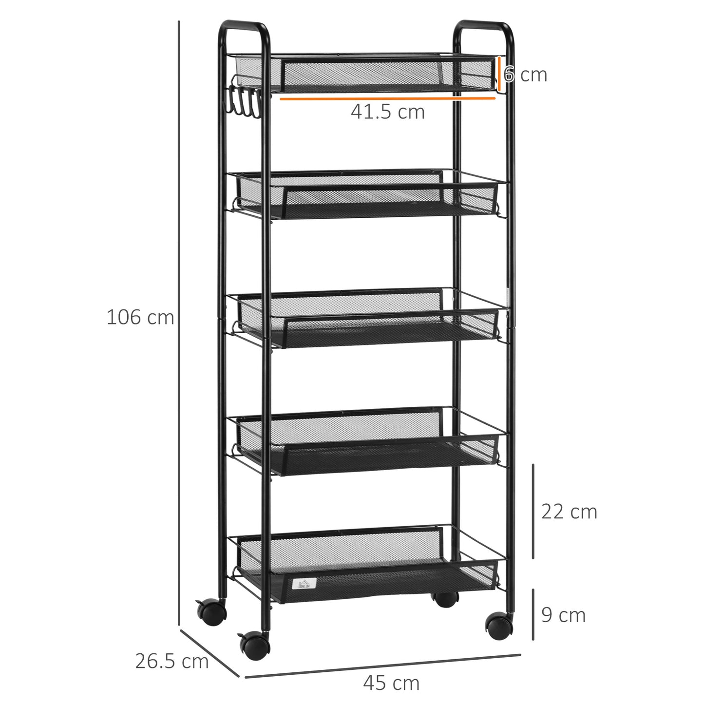 HOMCOM 5 Tier Utility Rolling Cart Black