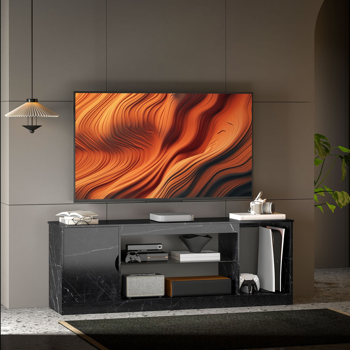 HOMCOM TV Stand Cabinet, Marble Effect, Glass Shelf & Storage for up to 55" TVs, Entertainment Unit for Living Room/Bedroom, Black
