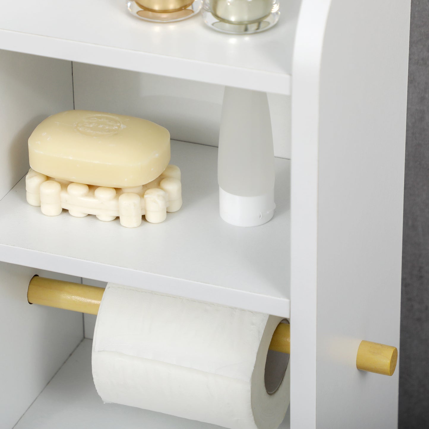 kleankin Slim Bathroom Storage Cabinet, 2 Open Shelves & Toilet Paper Holder, Freestanding with Adjustable Shelf, 23x18x100 cm, White