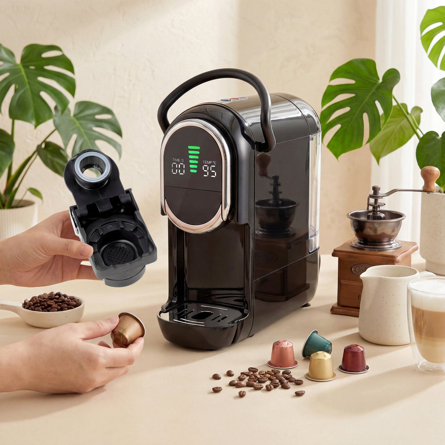 HOMCOM Pod Coffee Machine for Nespresso, Dolce Gusto Capsule & Ground Coffee, Small Semi Automatic Coffee Maker 0.6L