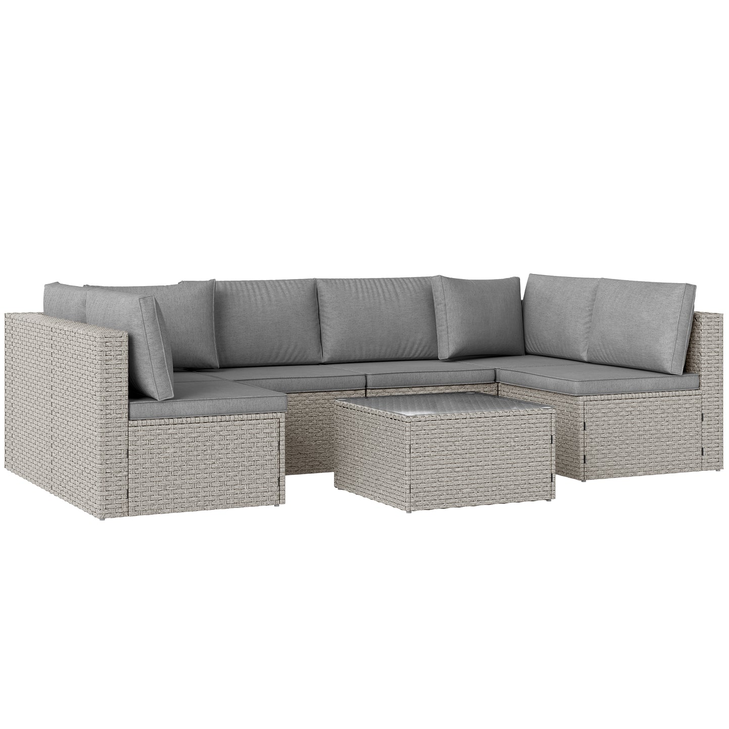 Outsunny 7-Piece Rattan Garden Furniture Set, 6-Seater Corner Sofa with Cushions, Glass Table, Outdoor Conservatory Set, Grey