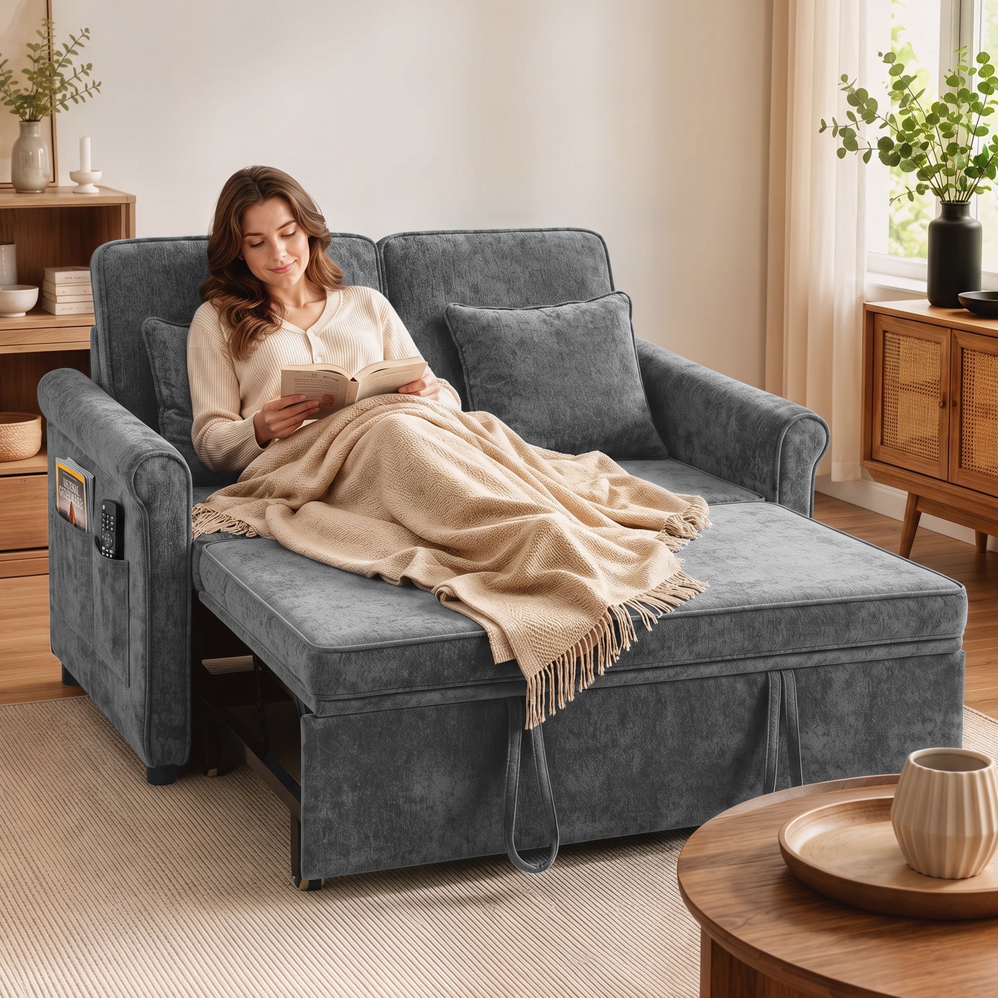 HOMCOM 2 Seater Sofa Bed 3-in-1 Convertible Chenille Pull Out Sleeper Sofa with 5-Position Adjustable Backrest, Grey