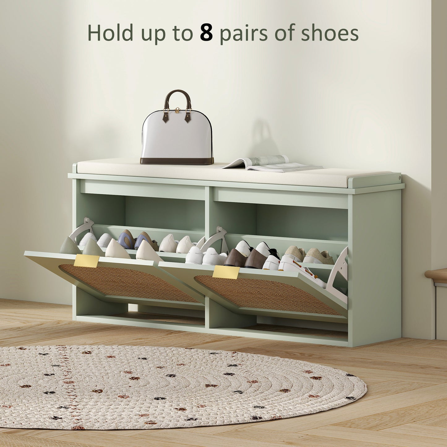 HOMCOM Boho Shoe Bench with Padded Seat and 2 Flip-Drawers - Light Green