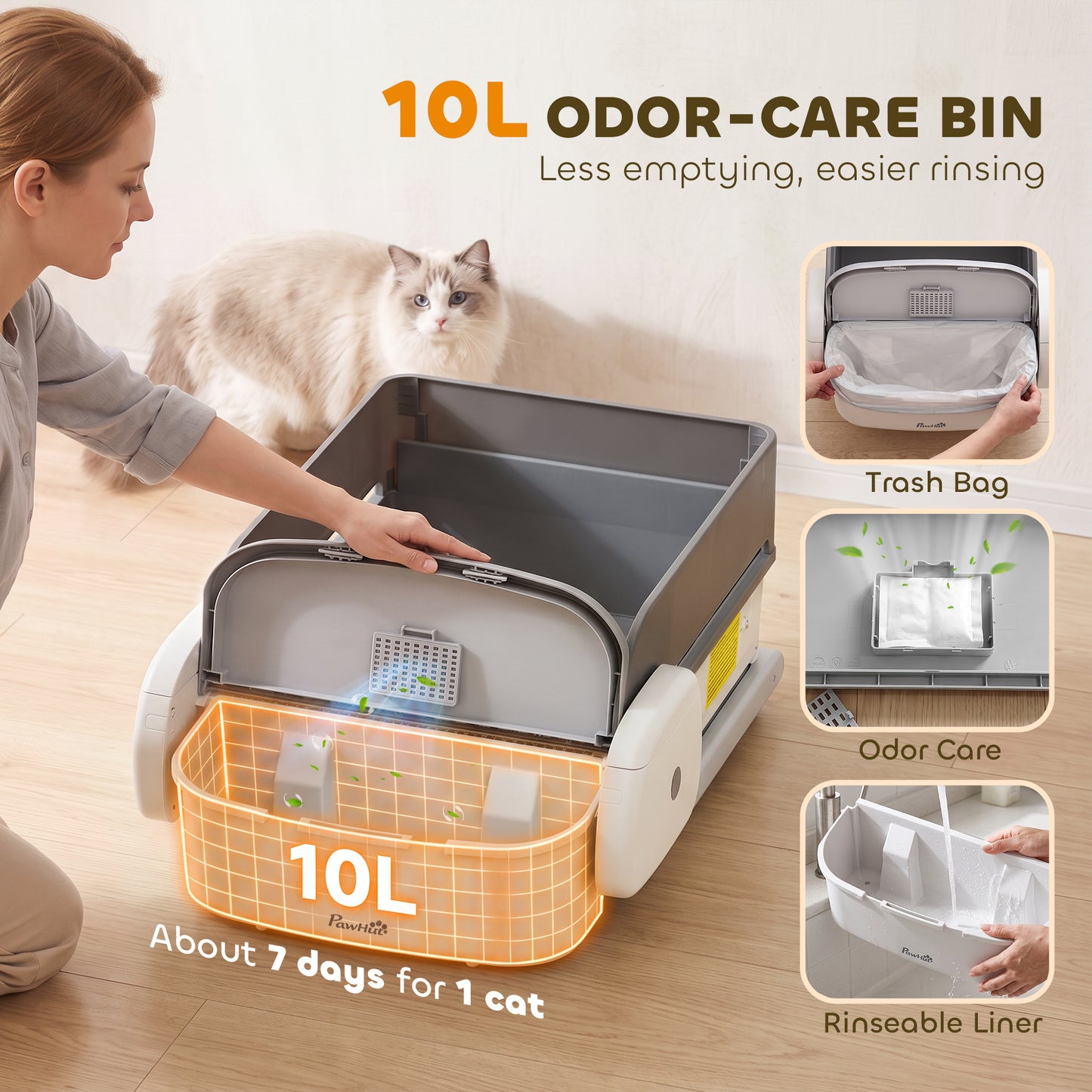 PawHut Self Cleaning Cat Litter Tray, Open-Top Automatic Litter Box with APP Control, Clumping Rake, 10L Waste Bin