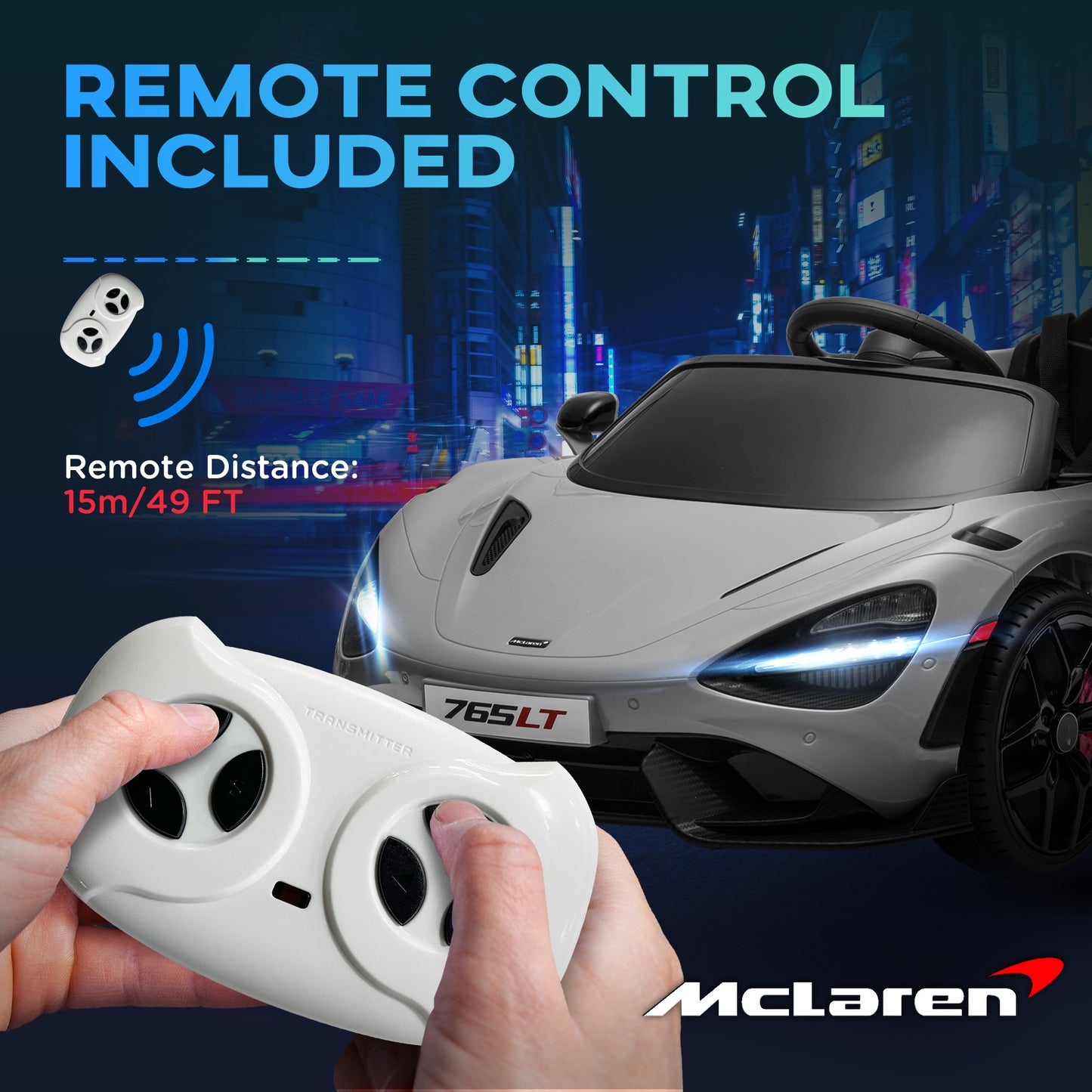 AIYAPLAY McLaren 765LT Licensed 12V Kids Electric Ride on Car with Butterfly Doors Remote Control Training Wheels Grey