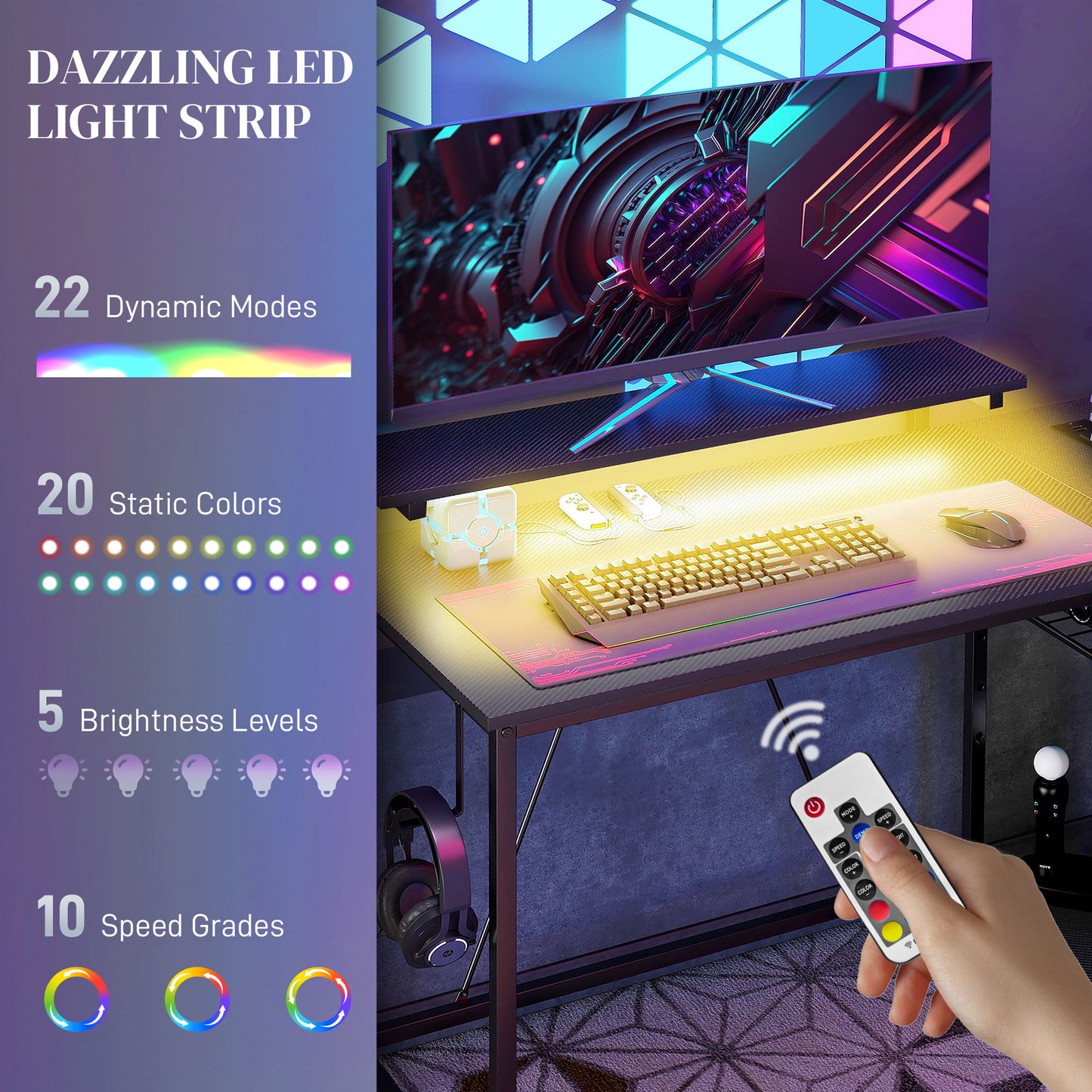 HOMCOM Reversible 'L' LED Light Gaming/Work Desk - Black