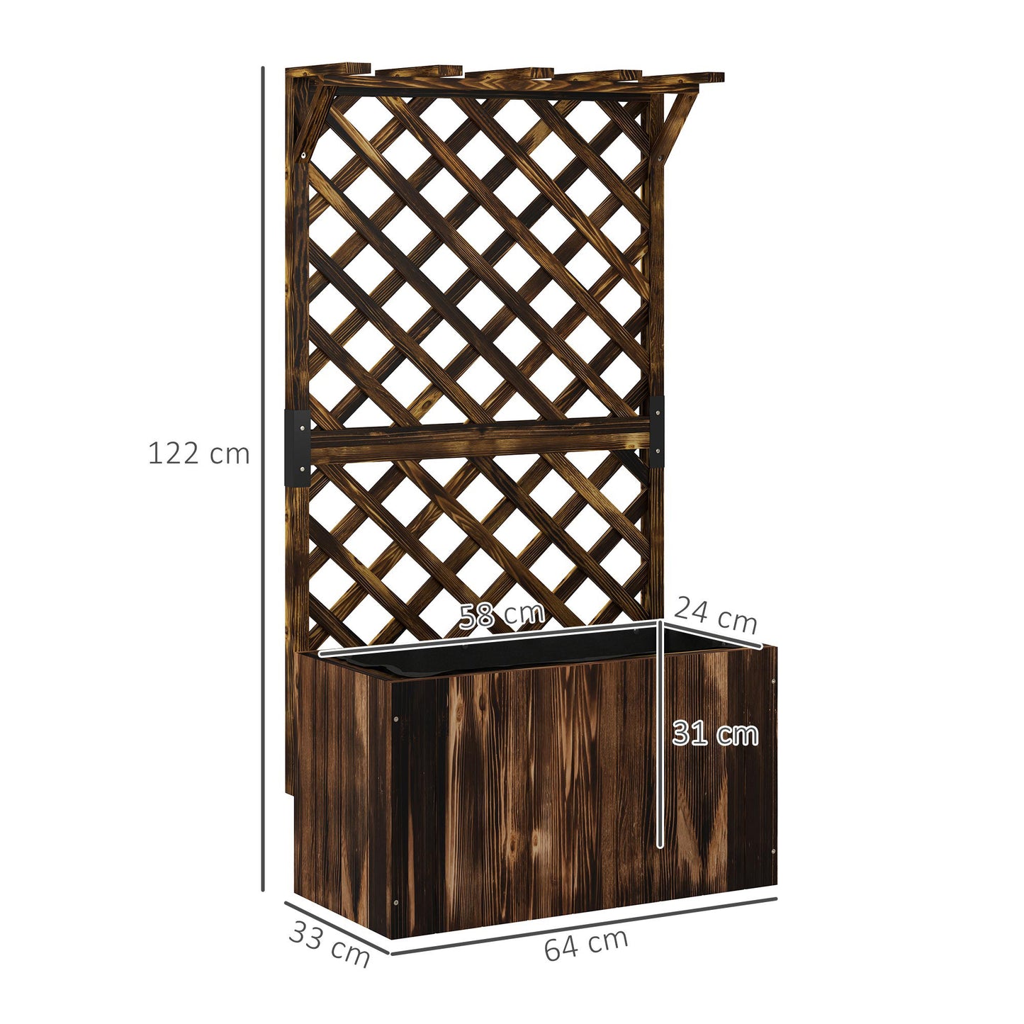 Outsunny Wooden Planter with Trellis, Freestanding Raised Garden Bed with Drainage Holes and Liner for Vegetables and Flowers, Carbonised