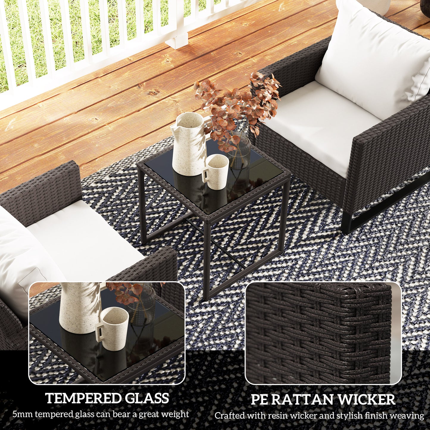 Outsunny 3-Piece Rattan Bistro Set with Cushions, Wicker Furniture, Glass Coffee Table & Chairs for Patio, Balcony, Terrace, Brown