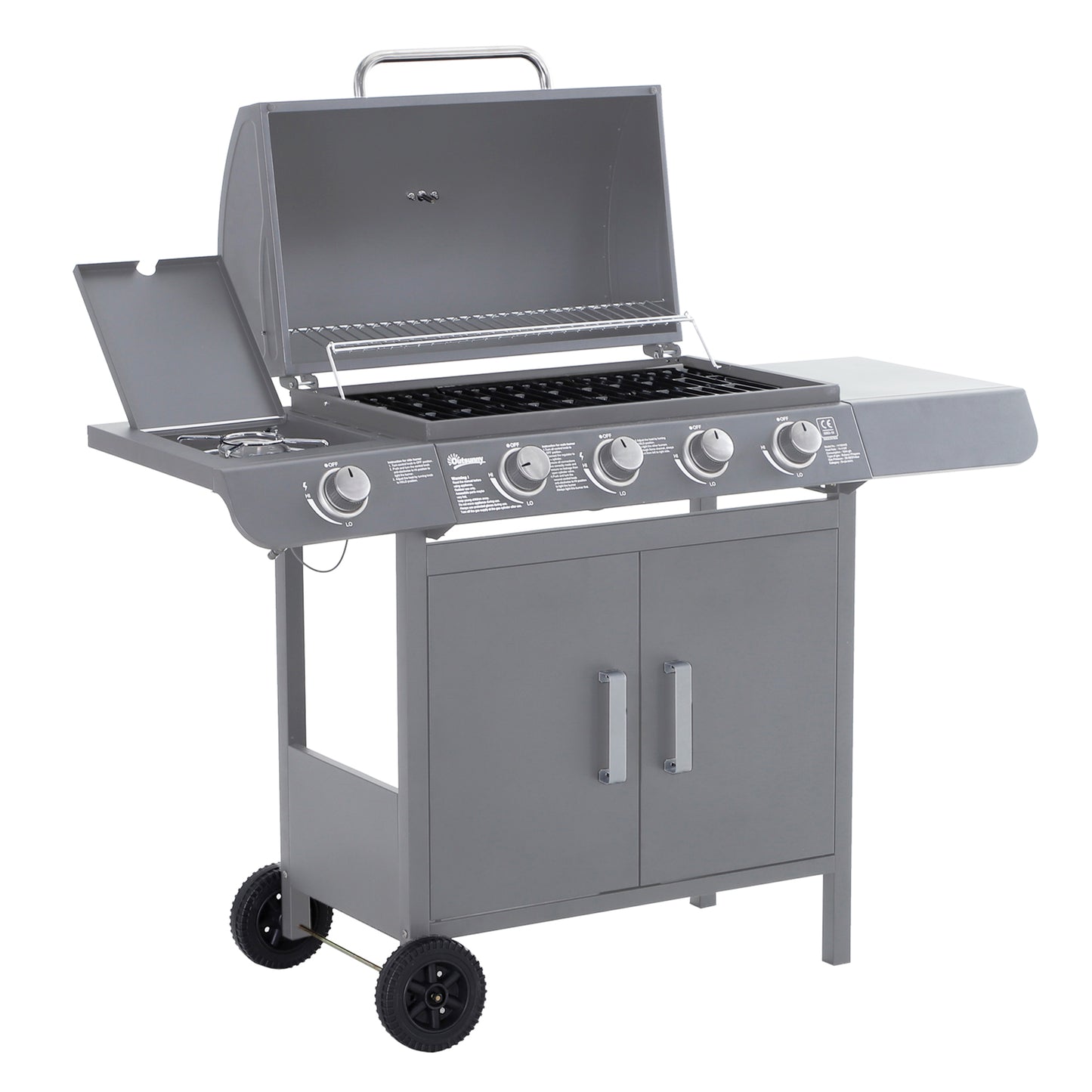 Outsunny 4+1 Burner Gas BBQ Grill, Trolley with Wheels, Warming Rack, Side Shelves, Thermometer, Grey