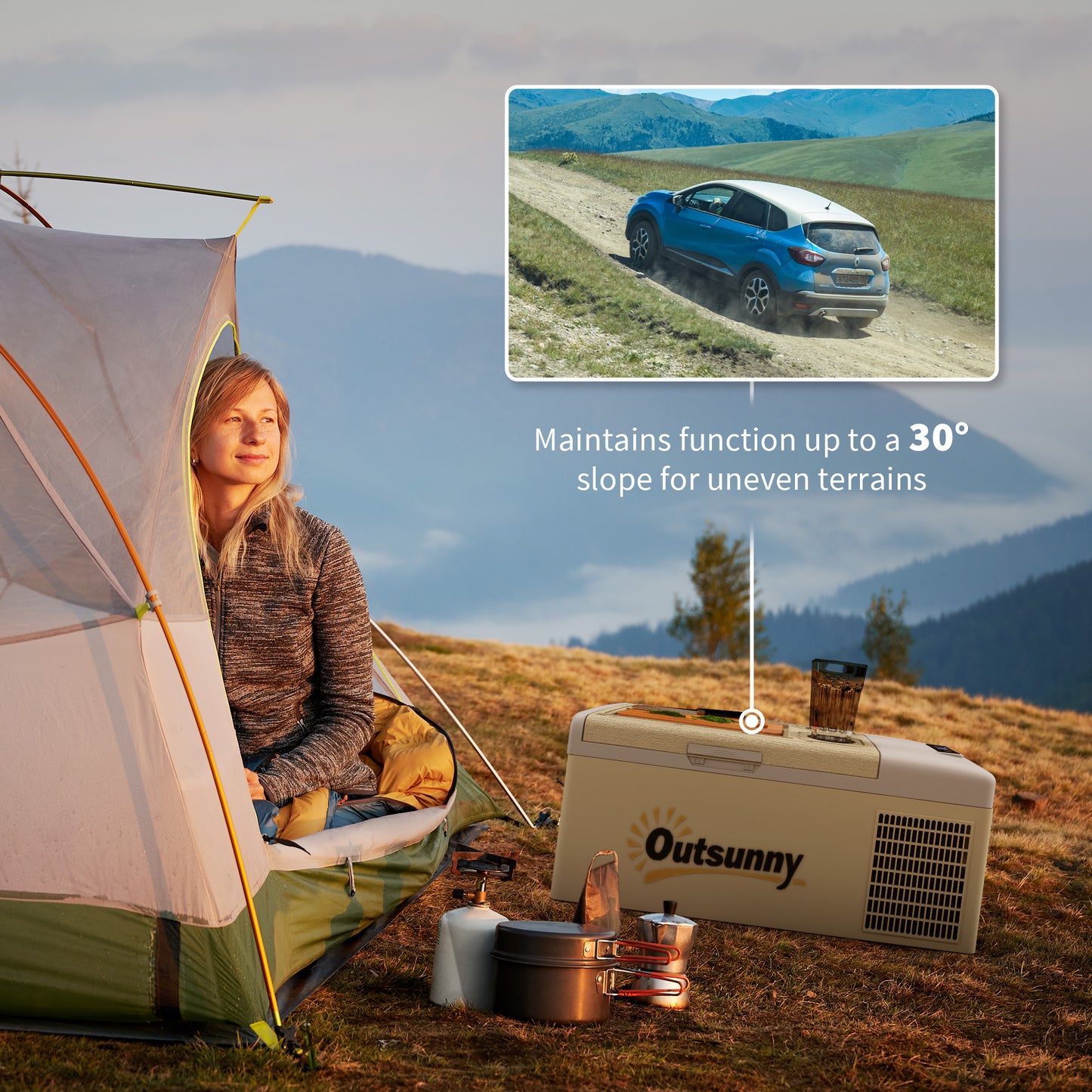 Outsunny 16L Car Fridge Freezer, Portable Car Refrigerator with 12V/24V DC and 100-240V AC, Khaki