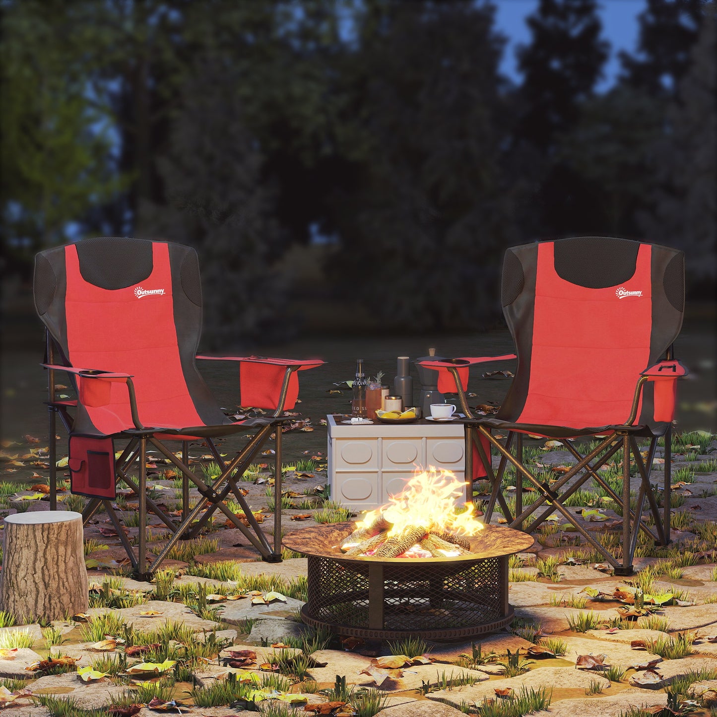 Outsunny Set of 2 Padded Folding Camping Chairs, Adjustable Armrests, Cooler Bag, Cup Holder, Side Pockets, Portable & Lightweight, Red