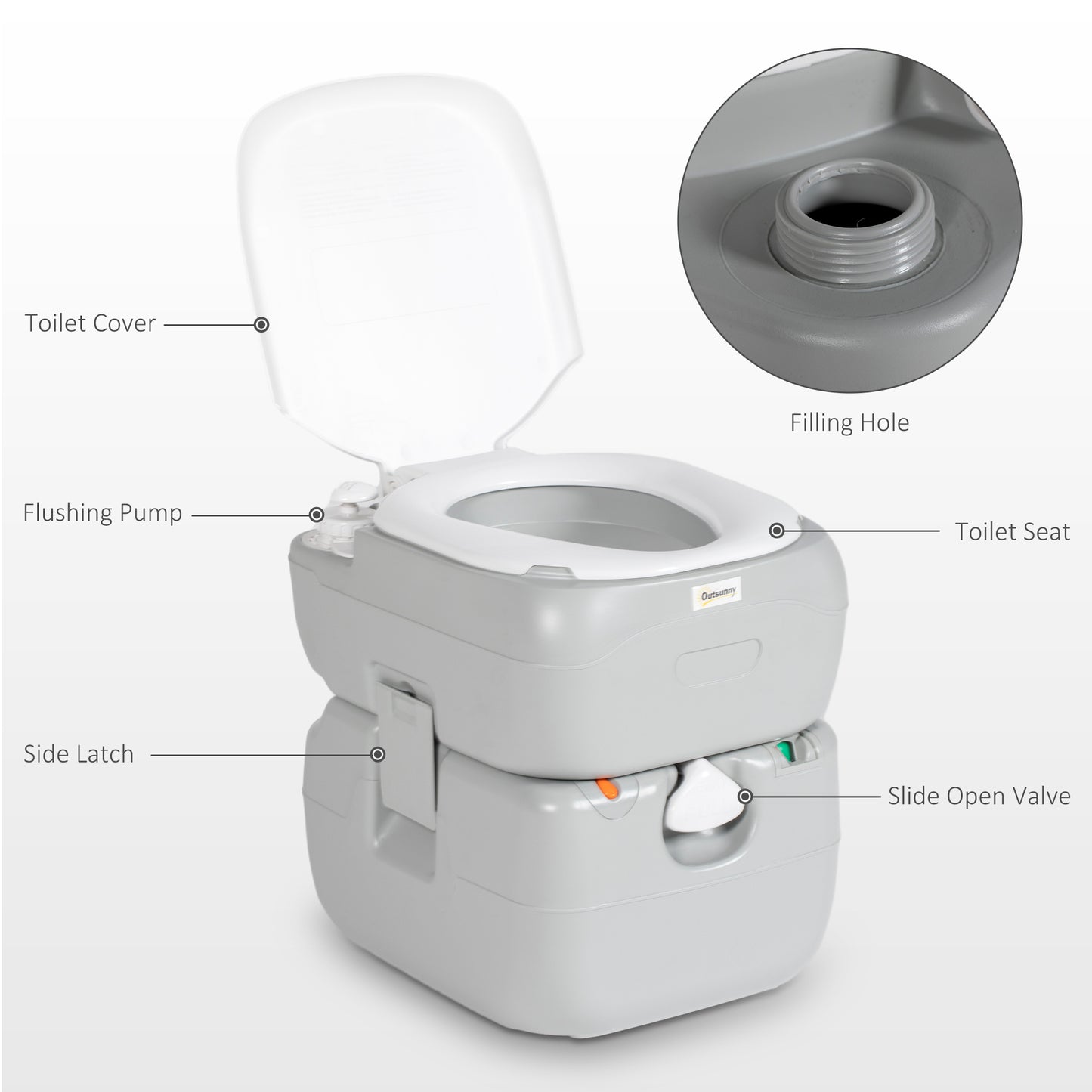 Outsunny Portable Toilet for Adults, 22L Camping Toilet with Seat, Lid, Anti-Leak Pump, Detachable Tanks for Travel, Camping, RV, Grey