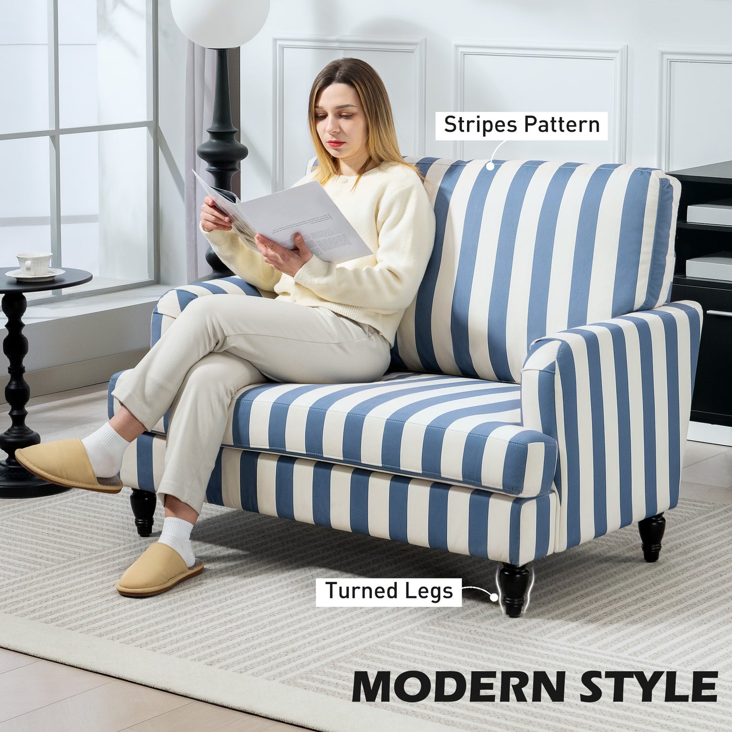 HOMCOM Velvet Single Sofa Armchair, Modern Cuddle Chair with Stripe, Turned Legs, Wide Seat for Living Room/Bedroom, Blue and White