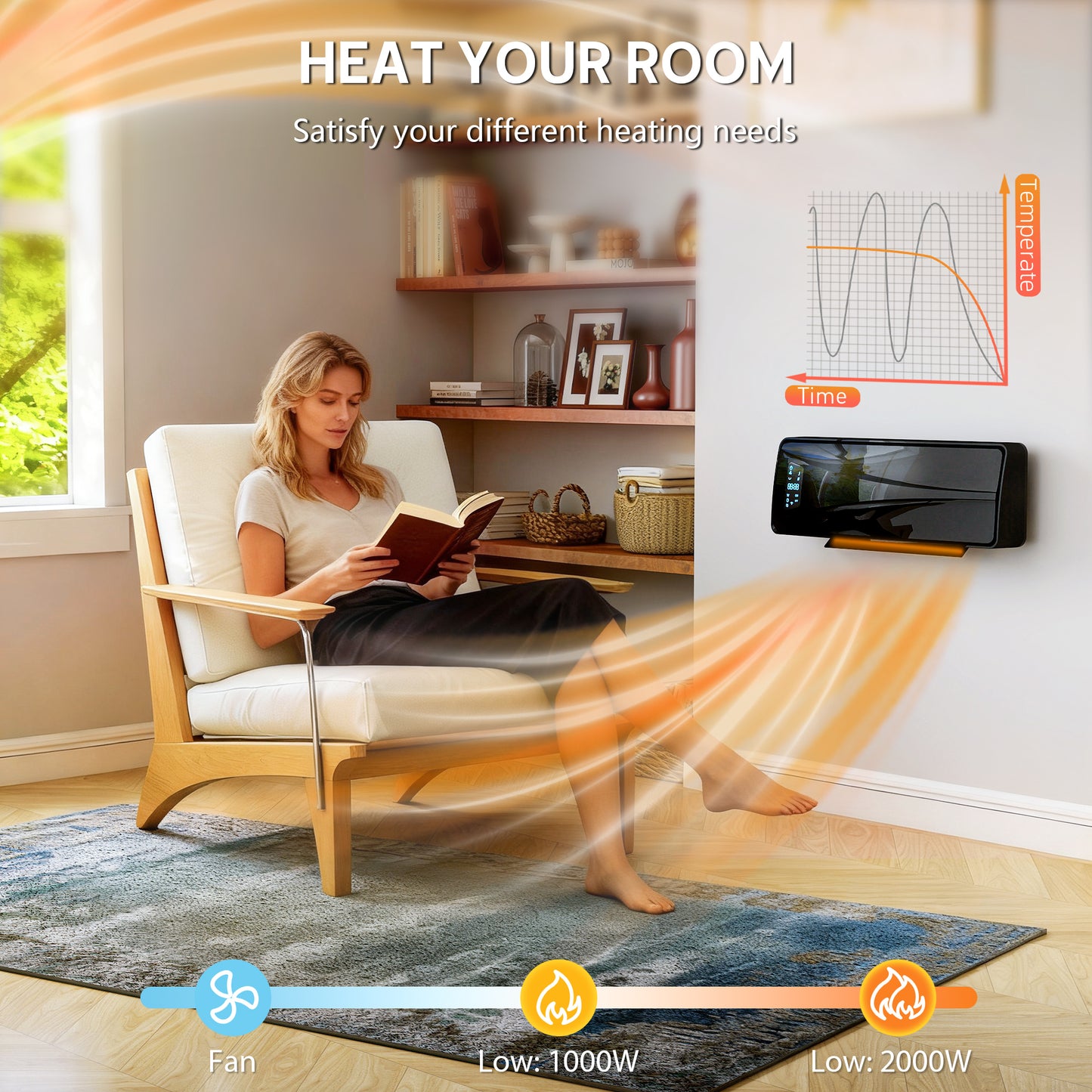 HOMCOM 2000W Wall-mounted Ceramic Electric Heater with Fan, Adjustable Thermostat - Black