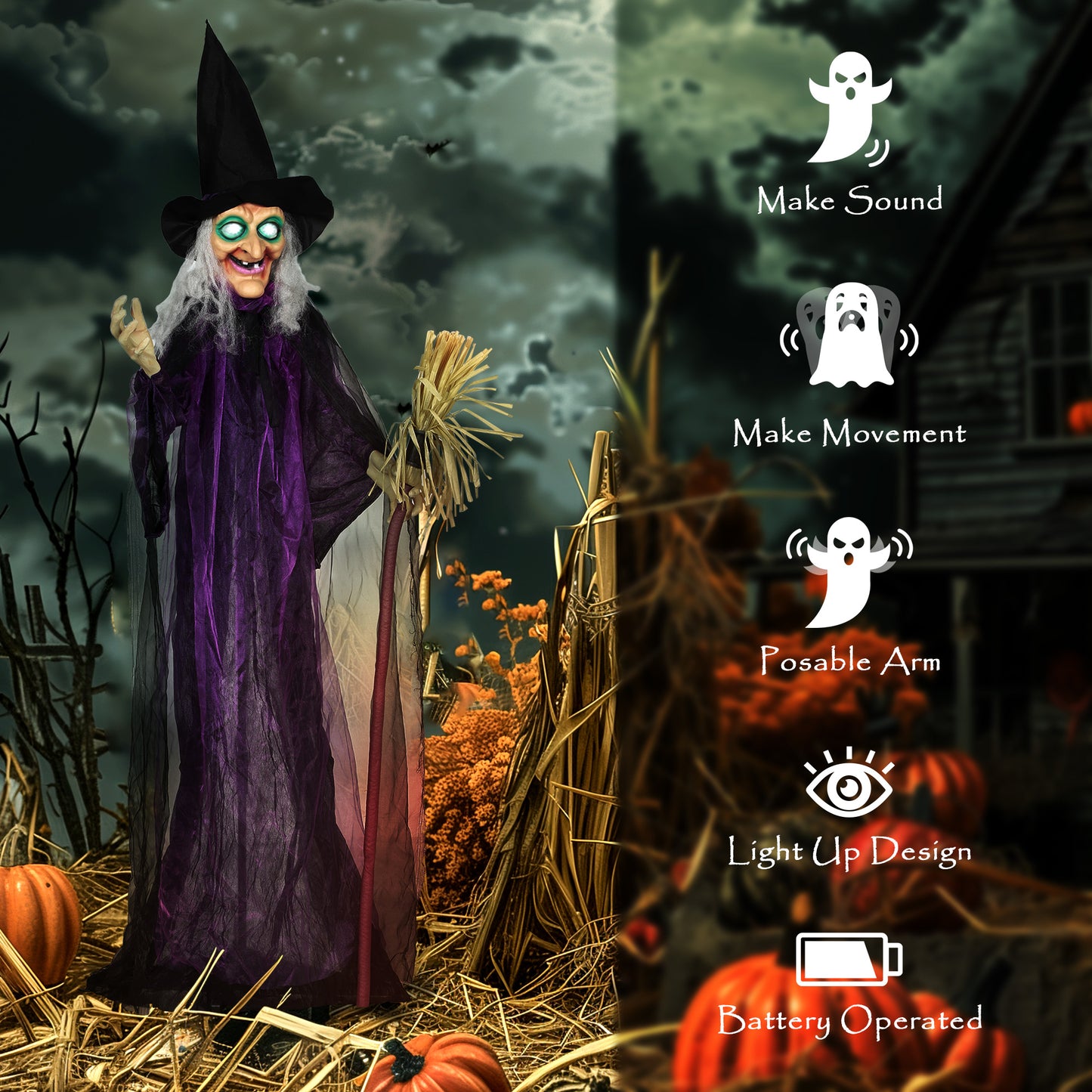 Outsunny 183cm Life Size Halloween Animated Witch & Broomstick with Glowing LED Eyes, Battery Operated Indoor Party Props, Spooky Halloween Decor