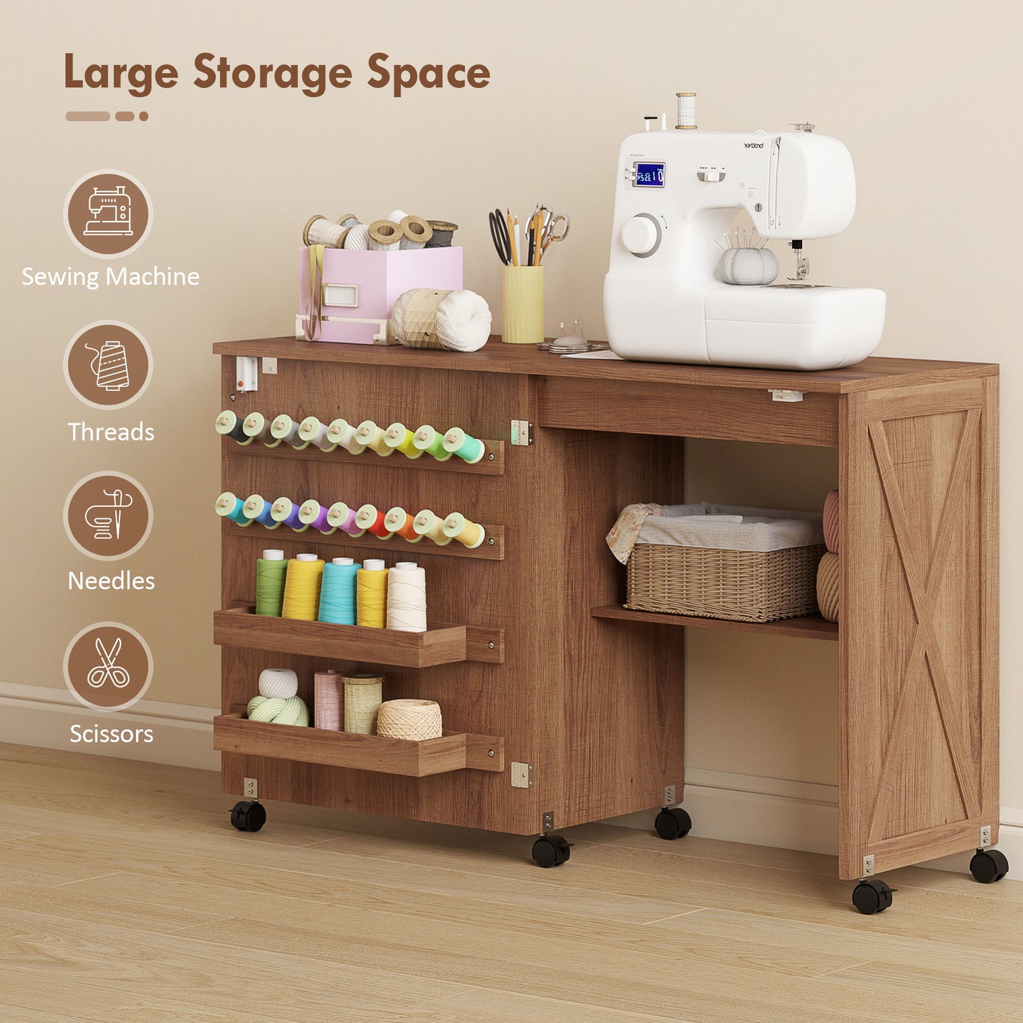 HOMCOM Folding Sewing Table, Rolling Craft Table with Storage compartments, Shelf and Lockable Casters for Small Spaces, Brown