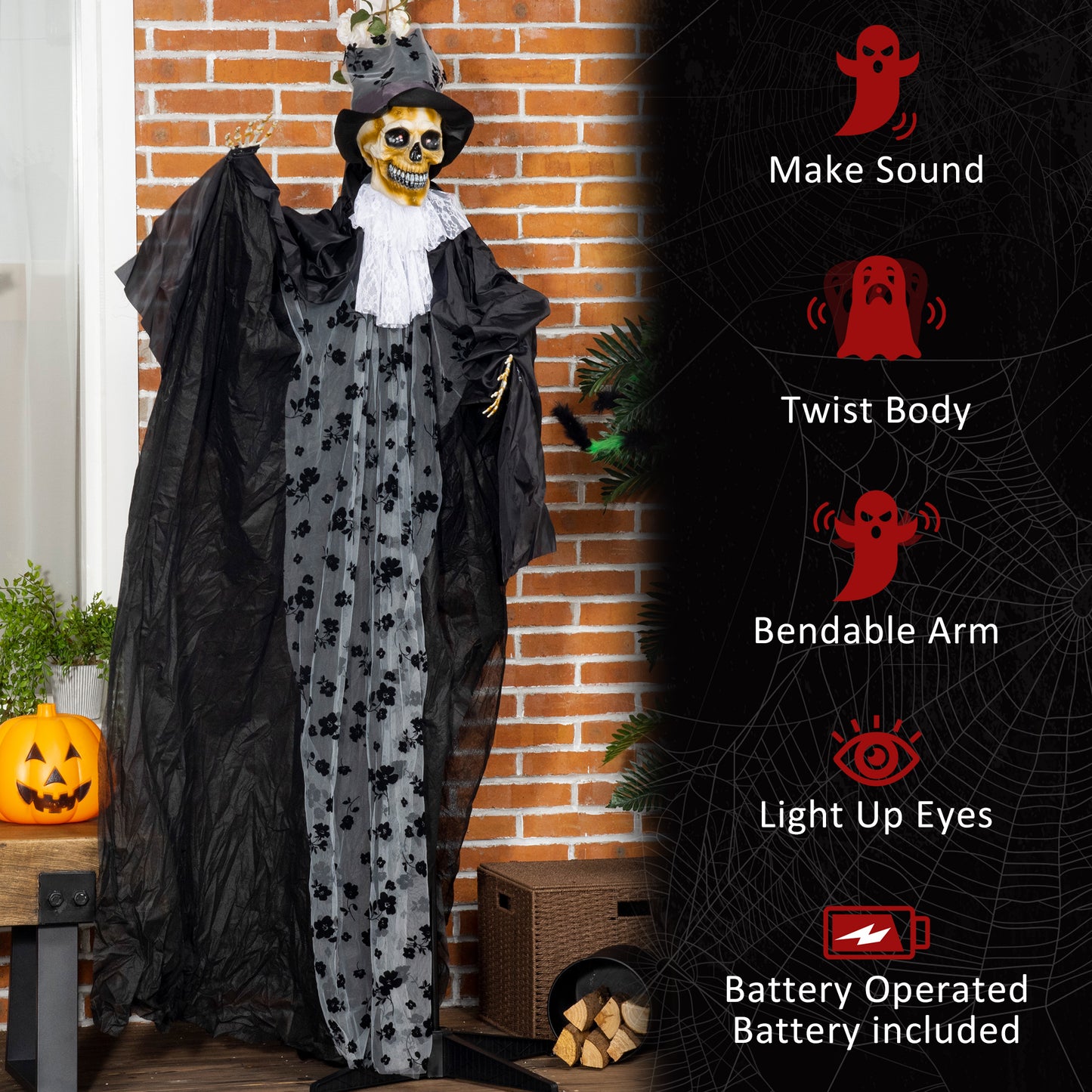 Outsunny Life Size Outdoor Halloween Ghost Bridegroom, Sound & Motion Activated Animatronic Prop with Light Up Eyes, Howling Sound, 189cm, White