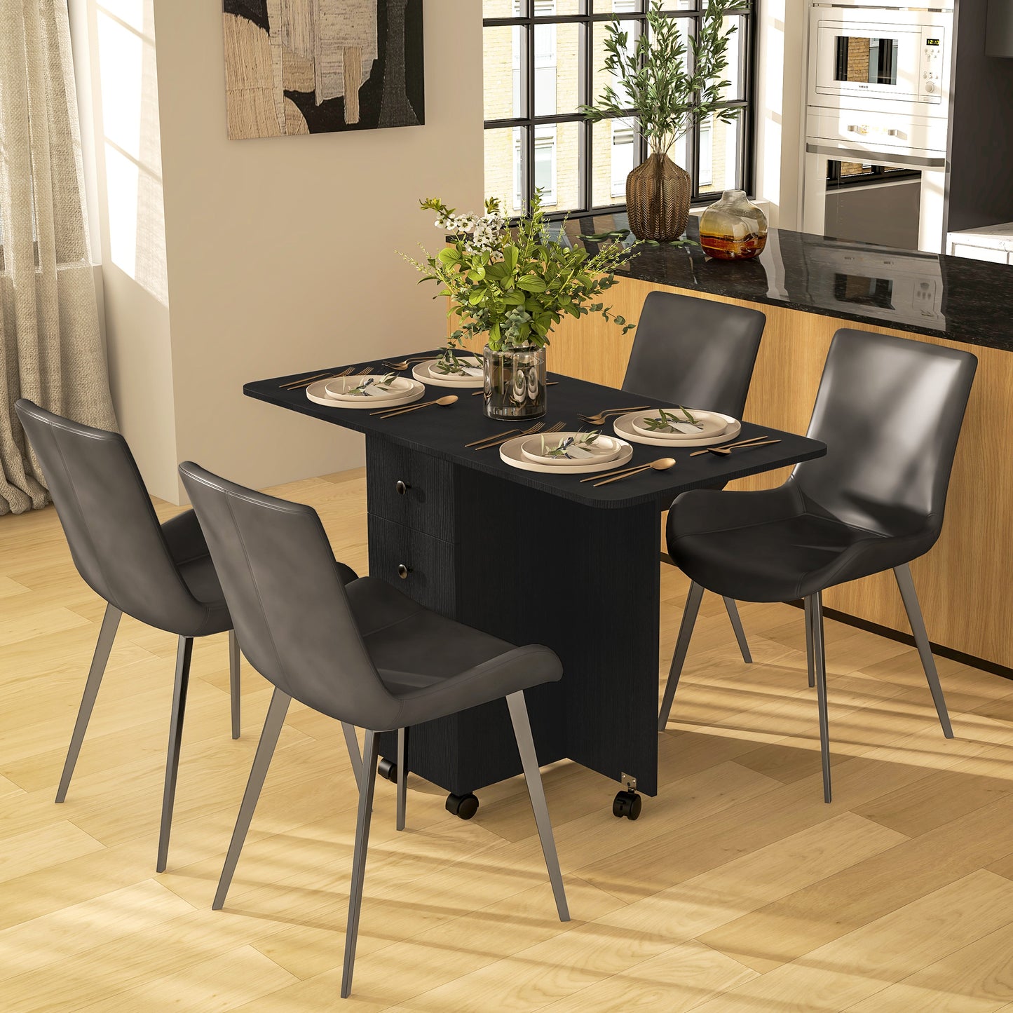 HOMCOM Multi-Storage Six-Person Drop Leaf Dining Table -  Distressed Black