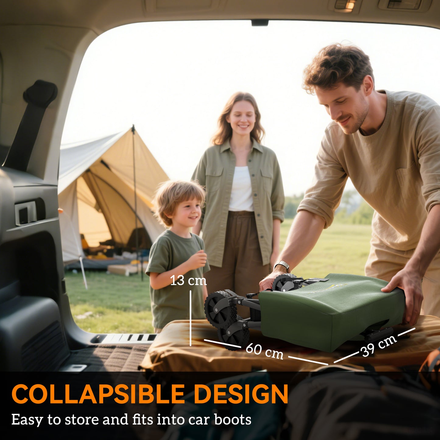 Outsunny 41L Festival Trolley on Wheels, 60kg Folding Wagon with Adjustable Handle & Carrying Bag for Beach, Camping, Festival, Green