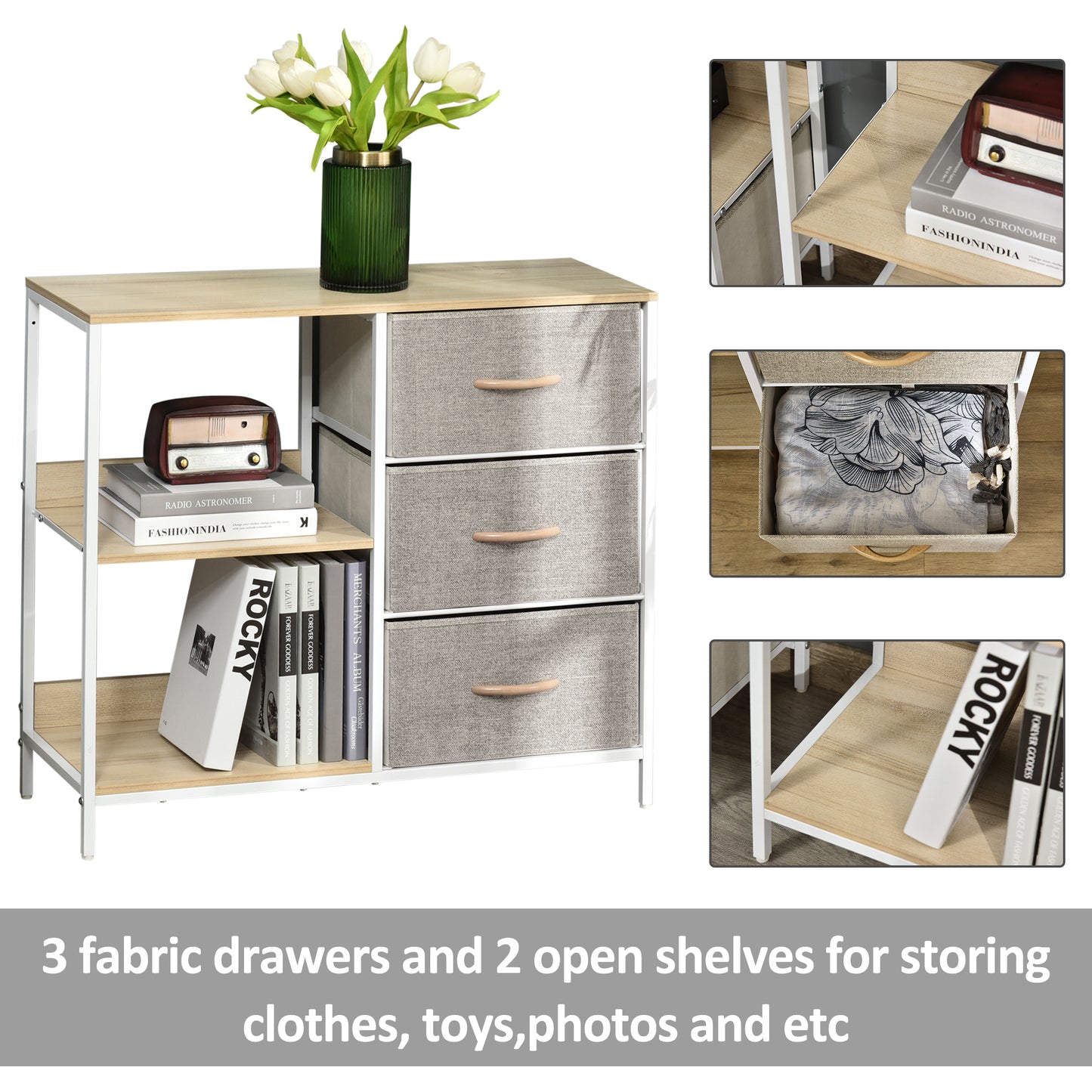 HOMCOM Storage Cabinet Organizer 3 Drawer Chest Dresser Tower with 2 Shelves