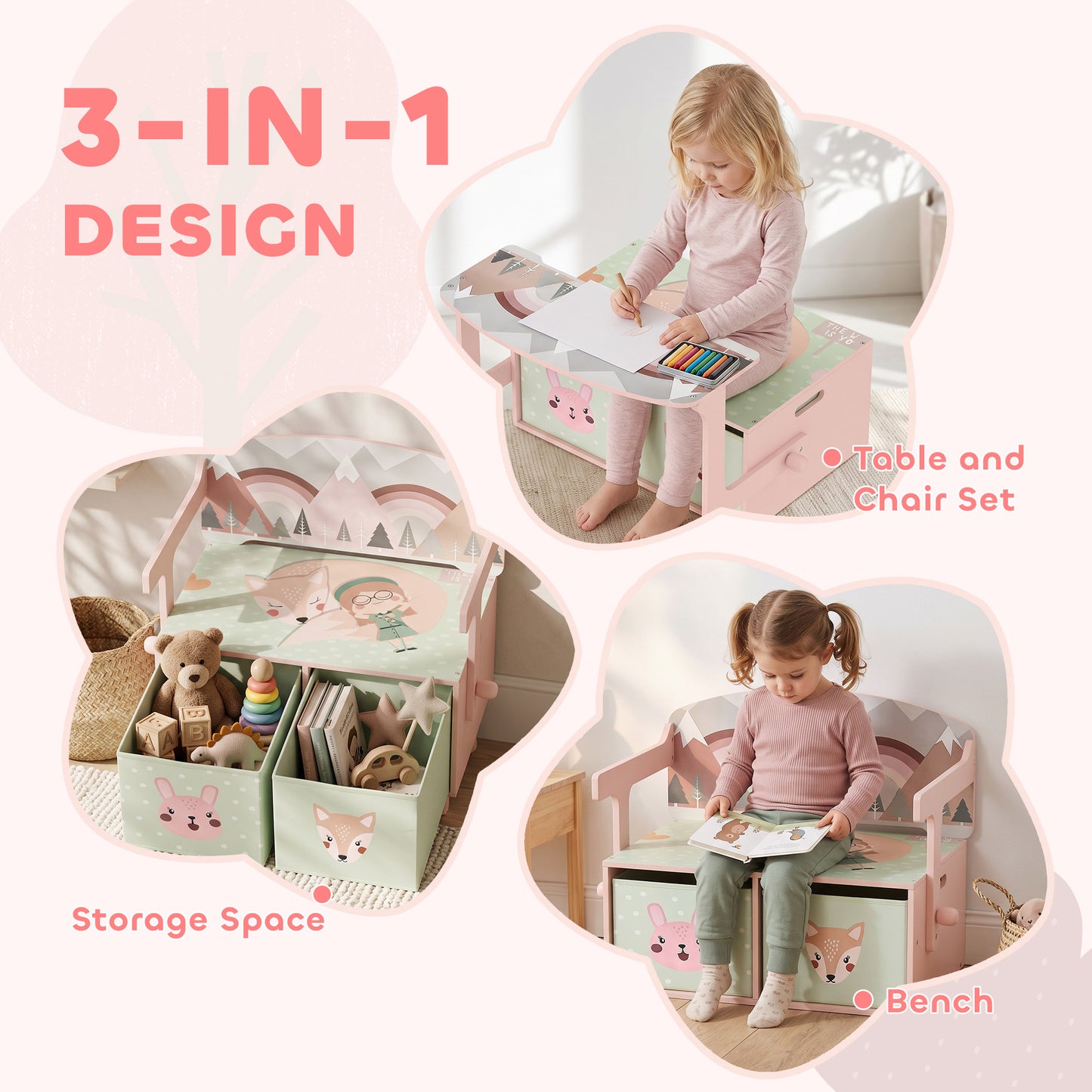 AIYAPLAY Kids Table and Chair Set, 3 in 1 Wooden Toy Box with 2 Fabric Drawers for Bedroom, Playroom, Gift for Boys Girls, Pink