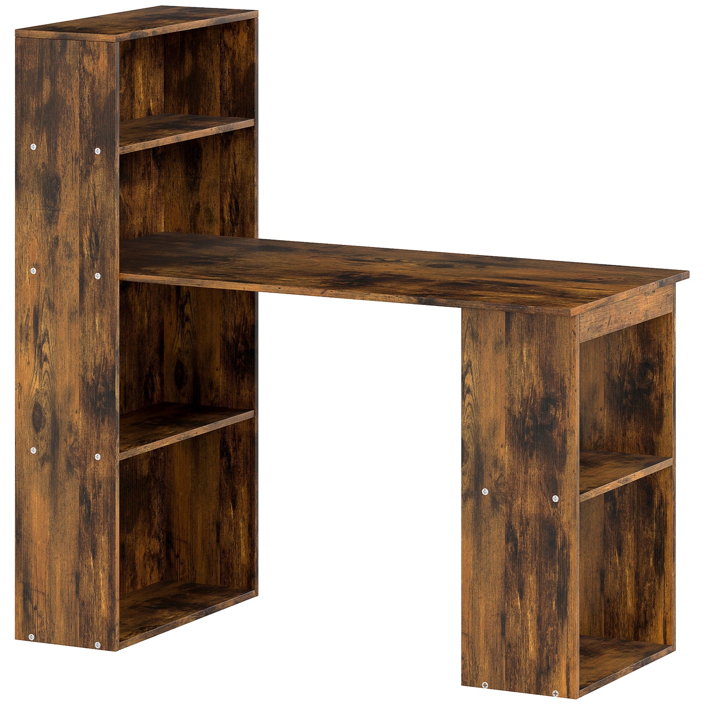 HOMCOM Computer Desk, Wooden Table with 6-Tier Storage Shelves, Home Office Study Desk, Writing Workstation, Rustic Brown Wood-Effect