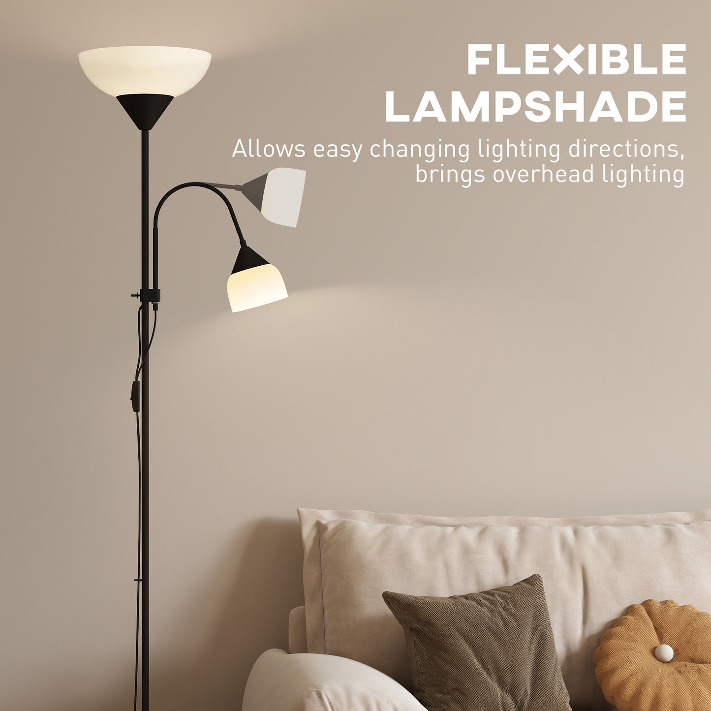 HOMCOM LED Floor Lamp, 180cm Tall Standing with Mother and Child Uplighter, Adjustable Gooseneck, 3 Colour Temps, Black