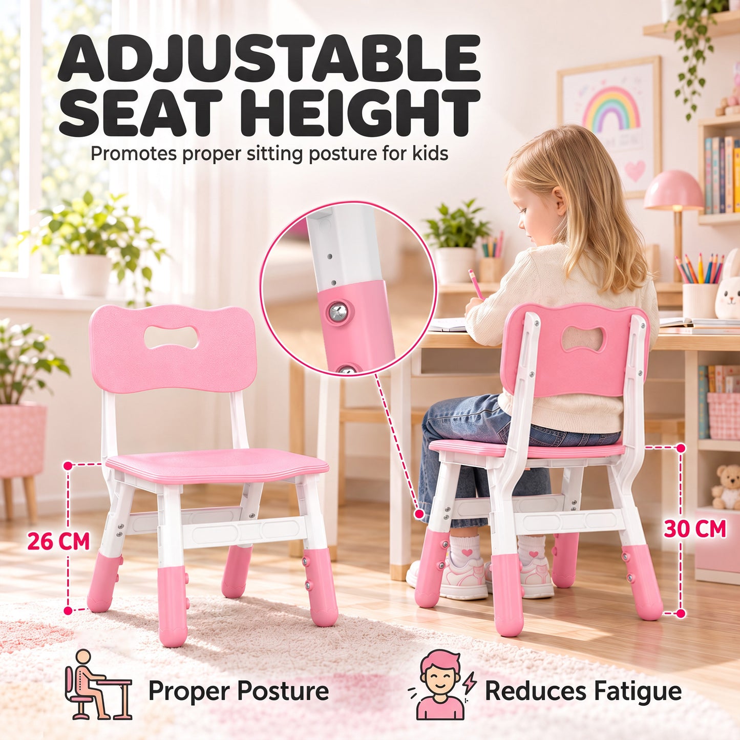 AIYAPLAY 2 PCS Kids Desk Chairs, 3 Level Height Adjustable Children's Chairs with Backrest for 1.5-8 Years, Max Load 50KG, Pink