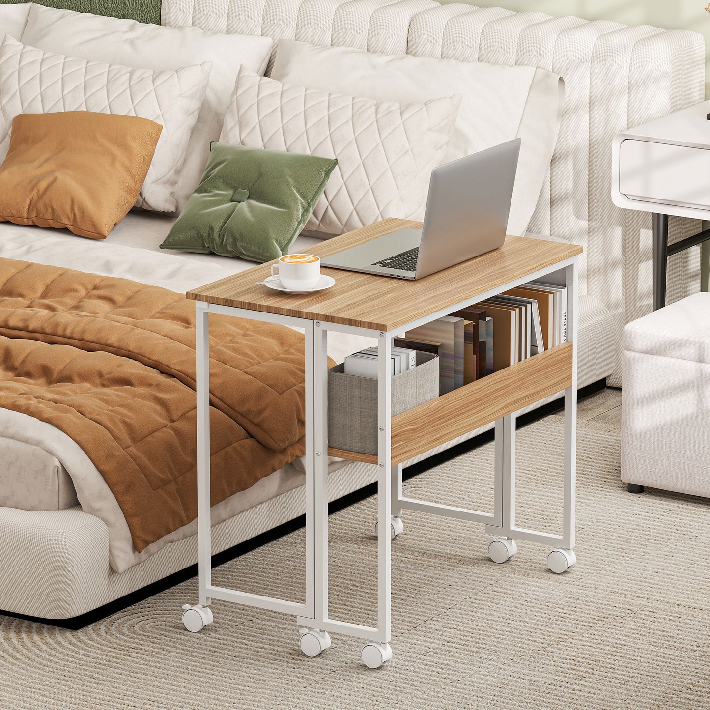 HOMCOM 80 cm Folding Desk with Storage Shelf and Drop Leaf on Wheels - Natural Wood Finish