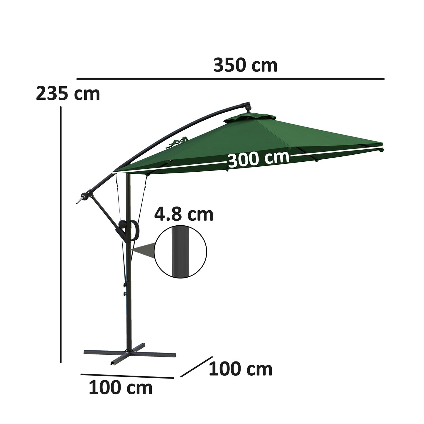 Outsunny Garden Cantilever Parasol with Cover & Wind Strap, Round Umbrella with Crank & Tilt, UPF50+ Patio Sun Shade, Green