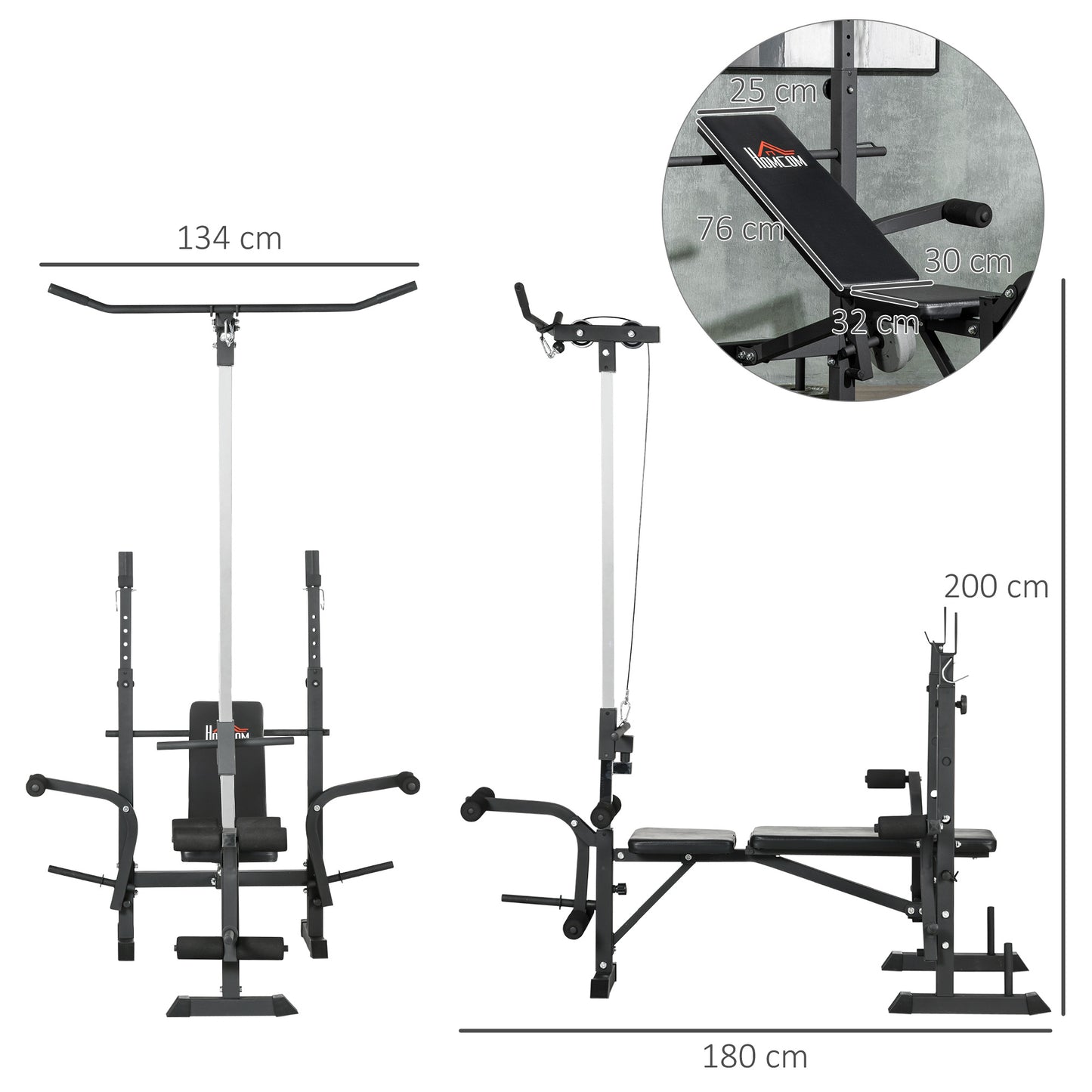 HOMCOM Adjustable Weight Bench with Pulley System, Squat Rack, Leg Developer, Butterfly, Weight Storage for Home Gym Workout, Black.