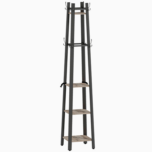 HOMCOM Industrial Coat Stand with 8 Hooks and 4 Shelves - Grey