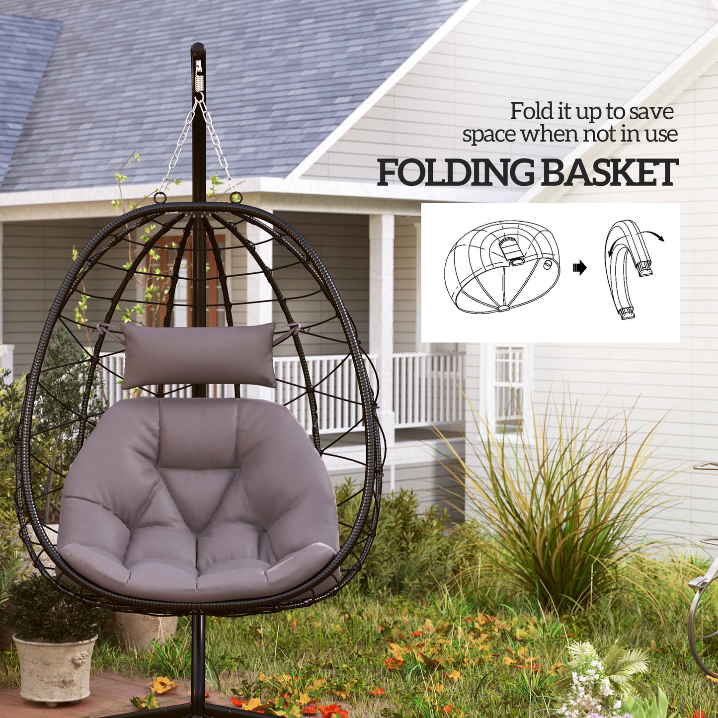Outsunny Hanging Egg Chair, Outdoor/Indoor Swing with Folding Basket, Cushion & Stand, Grey