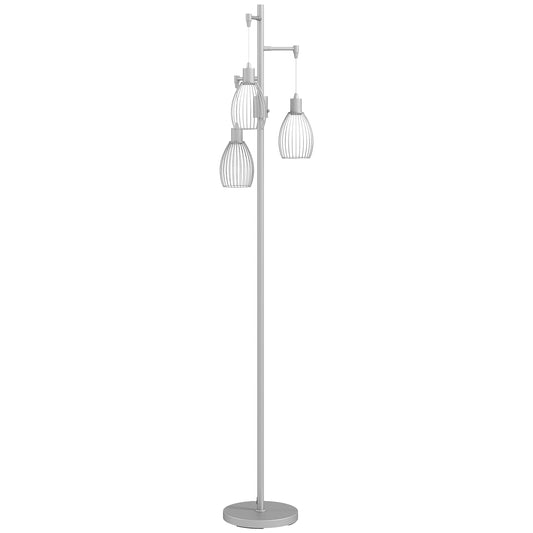 HOMCOM 170cm Industrial 3-Light Floor Lamp, Dimmable Standing Lamp with Steel Lampshades for Living Room, Bedroom, Dinging Room, Study, Silver Tone