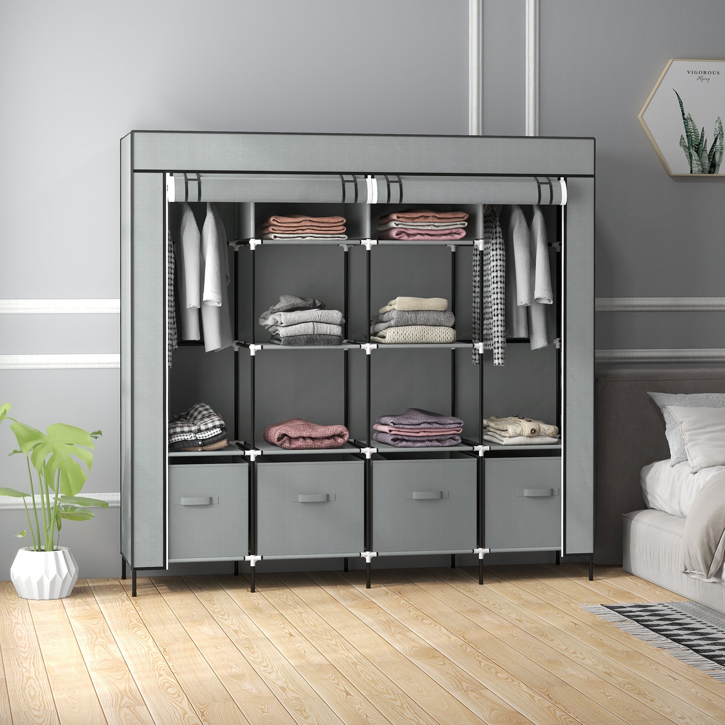 HOMCOM Fabric Wardrobe, Portable with 10 Compartments, 2 Hanging Rails & 4 Fabric Drawers, 166x42.5x169.5cm, Dark Grey