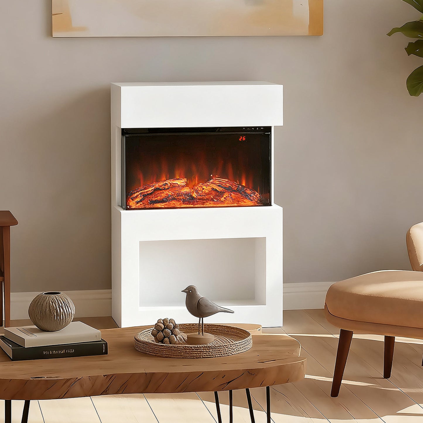 HOMCOM Electric Fireplace with 3D Flame, 6 Colors, 3 Brightness, 1000W/2000W, Remote & Timer, 3-Sided View, Heats 30m², White