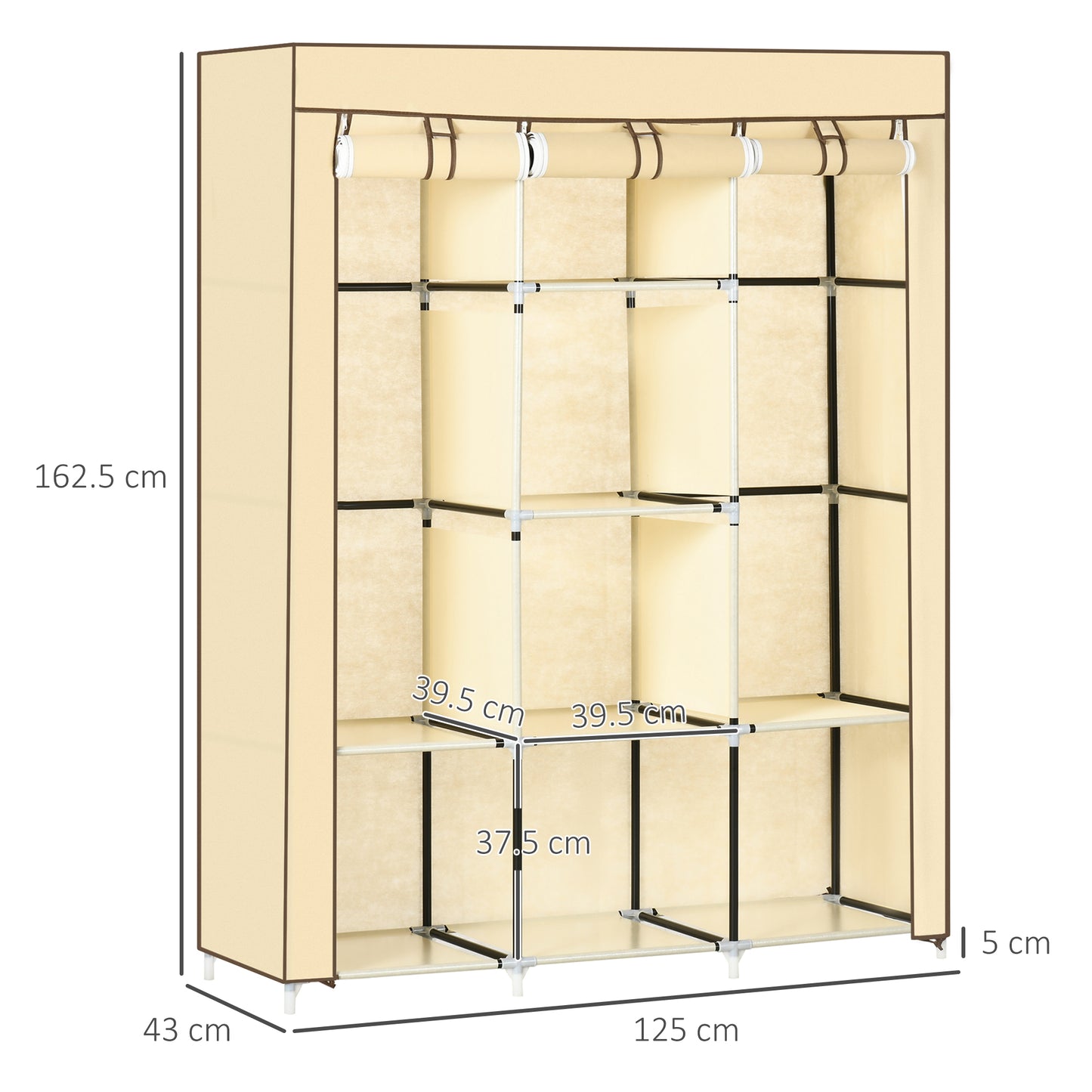 HOMCOM Fabric Wardrobe, Portable Wardrobe, Clothes Storage Unit with 8 Shelves, 2 Hanging Rods, 125 x 43 x 162.5 cm, Beige