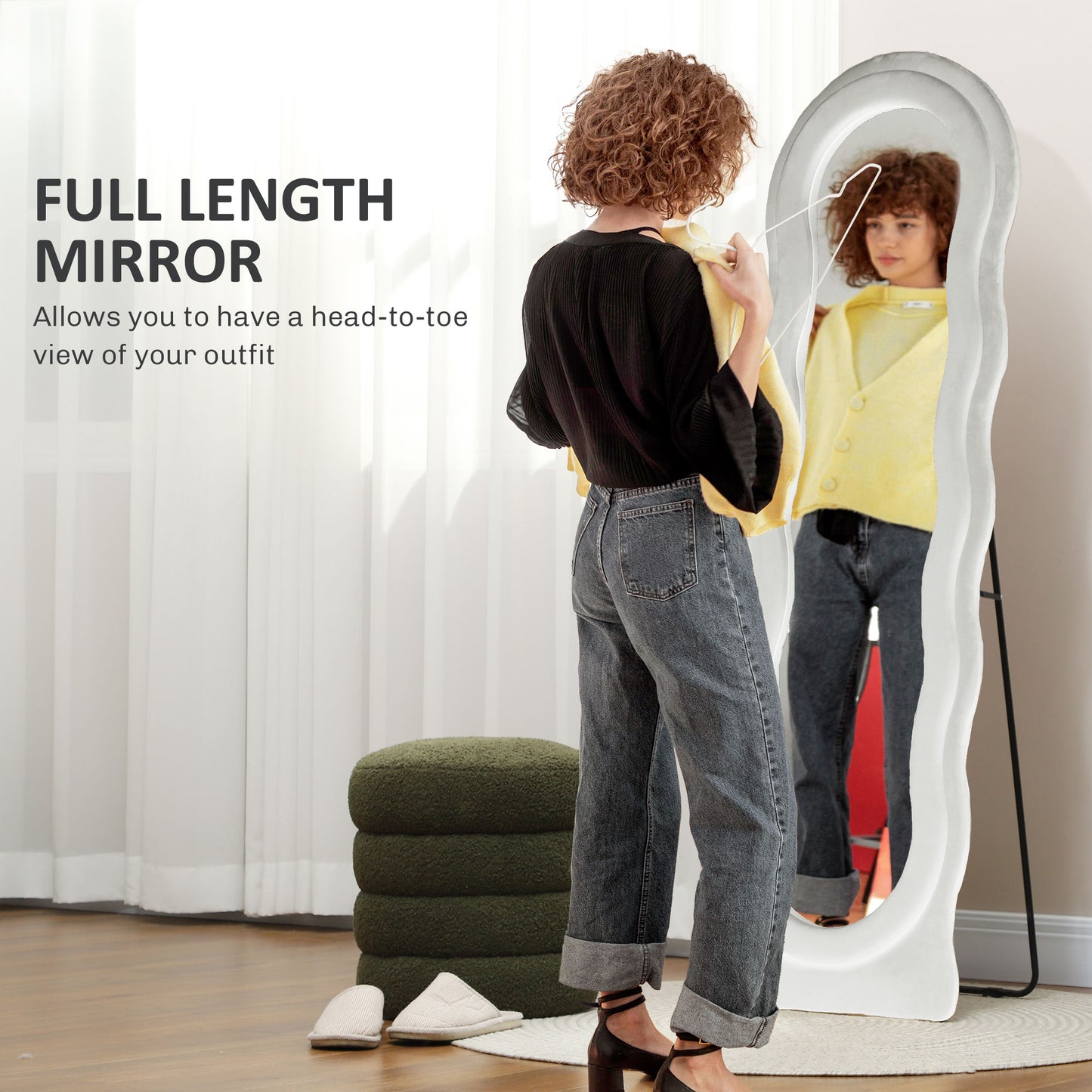 HOMCOM Wavy Velvet-Feel Ripple Full Length Mirror - White