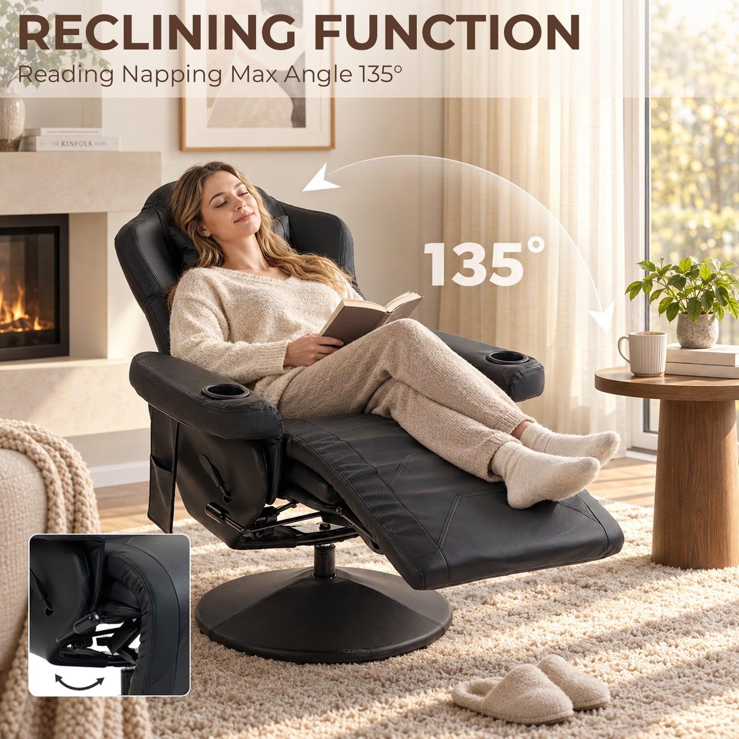 HOMCOM Manual Recliner Armchair PU Leather Lounge Chair w/ Adjustable Leg Rest, 135° Reclining Function, 360° Swivel, Black