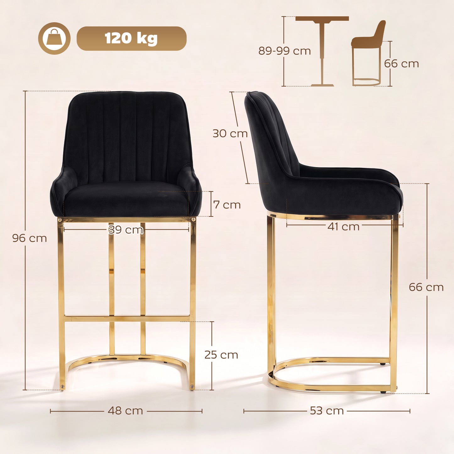 HOMCOM Bar Stools Set of 2 with Backrest, Footrest, Gold Electroplated Legs for Kitchen Island, Dining Room, Black