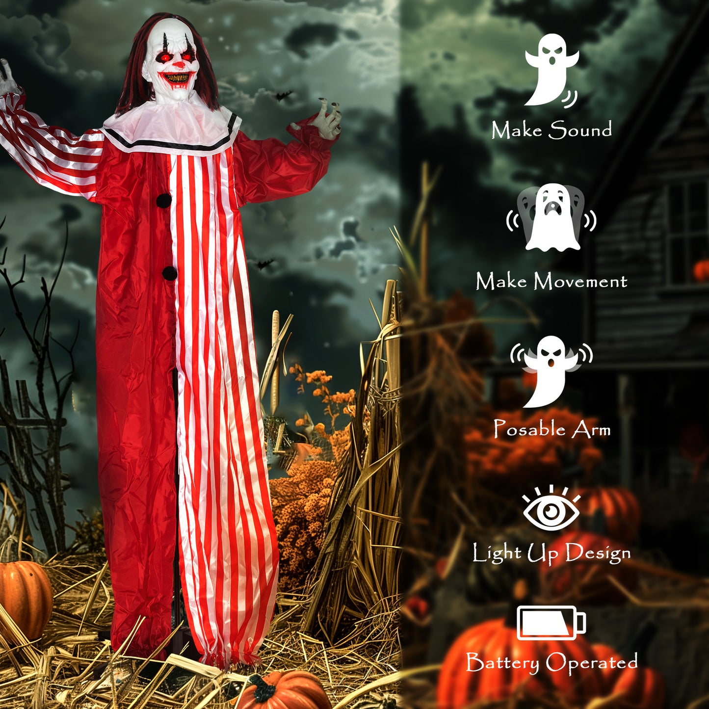 Outsunny 165 cm Life Size Halloween Animated Clown, Sound Activated with Light Up Eyes, Moving Body, Battery Operated Indoor Props, Red