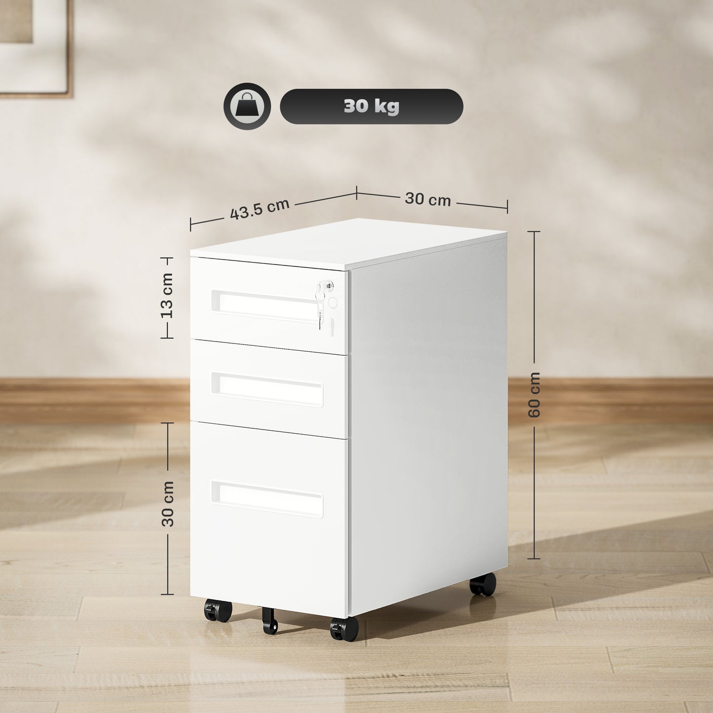 Vinsetto Metal Mobile File Cabinet with Wheels, Lockable 3 Drawer A4/Letter Under Desk Storage, Pre-Assembled, 30x43.5x60cm, White